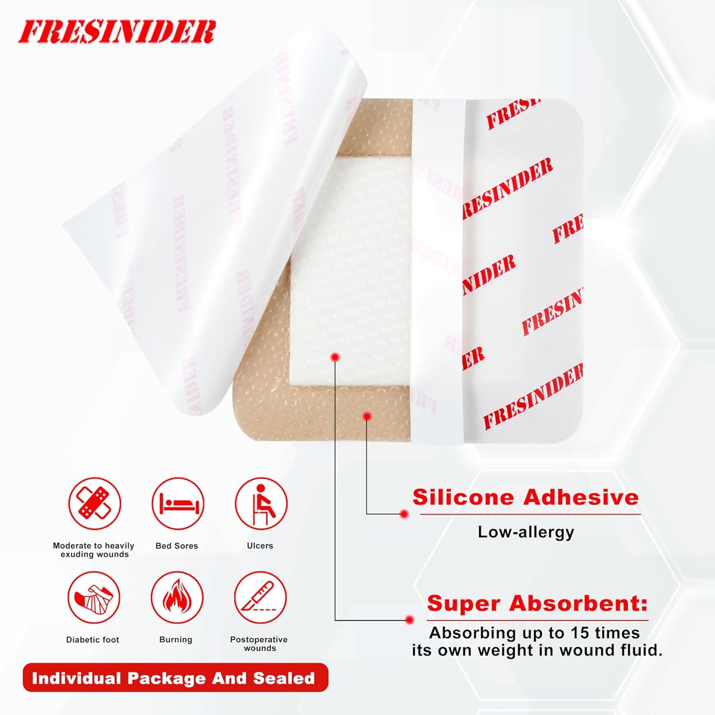 FRESINIDER Silicone Foam Dressing with Adhesive Border – Wound Dressing Bandage – Silicone Foam Pad – Pack of 10 – 3 x 3 Inches Large Waterproof Bandages – Self Adhesive Wound Care and Dressings