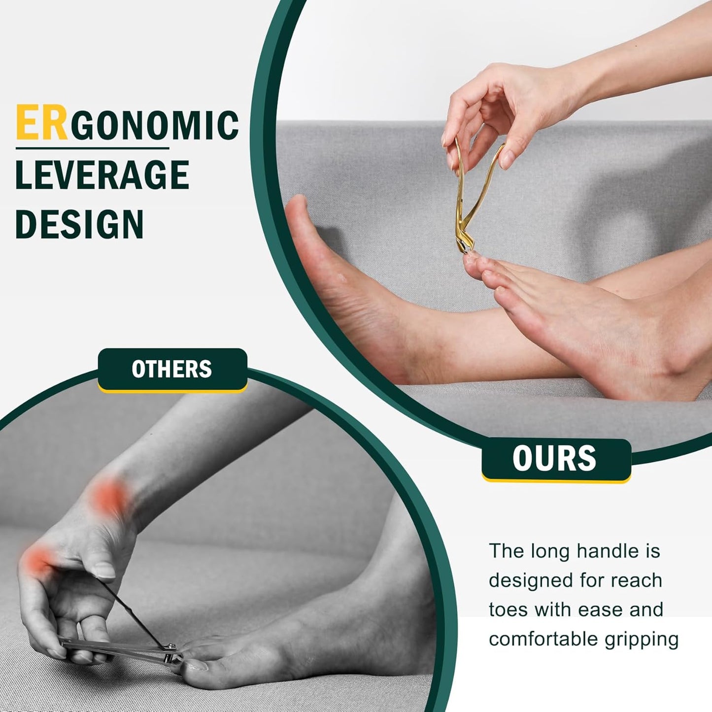 FVION Ergonomic Seniors Toenail Clippers, Curved Head Toe Nail Clippers for Thick Nails with Nail Catcher and Metal Nail File, Precision Nail Care Tool for Easier Trimming (Gold)