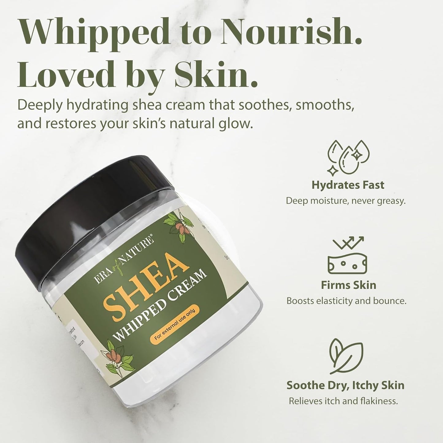era of nature Shea Butter Whipped Body Cream for Women 8oz - Lightweight Whipped Lotion - Non-Greasy Body Butter Cream Lotion & Balm Moisturizer for Face, Hair & Dry Skin, Vegan Skincare