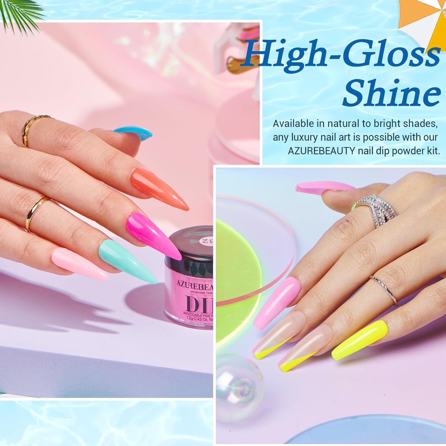 AZUREBEAUTY 42Pcs Dip Powder Nail Kit Starter - Going Summer, 32 Colors Blue Lilac Purple Pink Green Acrylic Nail Dipping Powder Set with Top/Base Coat Activator &Tray for French Art Manicure DIY Home