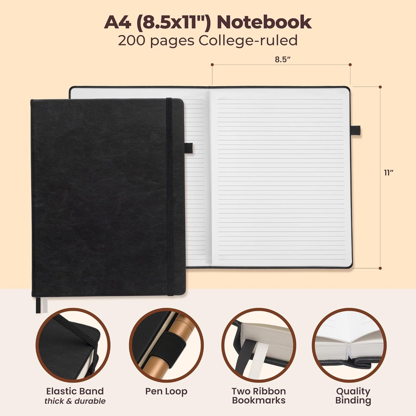 Classic Lined Journal Notebook 8.5x11" A4 Hardcover Leather - Black - 200 Pages College Ruled Large with Sticky Tabs, Pockets, and Pen Loop for Writing and Journaling - Big Hardback Men and Women