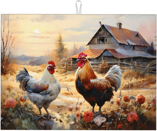 Farm Chicken Dish Drying Mat for Kitchen Counter Absorbent Dish Drying Pad Microfiber Countertop Protector Mat Reusable Dish Drainer Rack Mats Kitchen Accessories 18x24Inch
