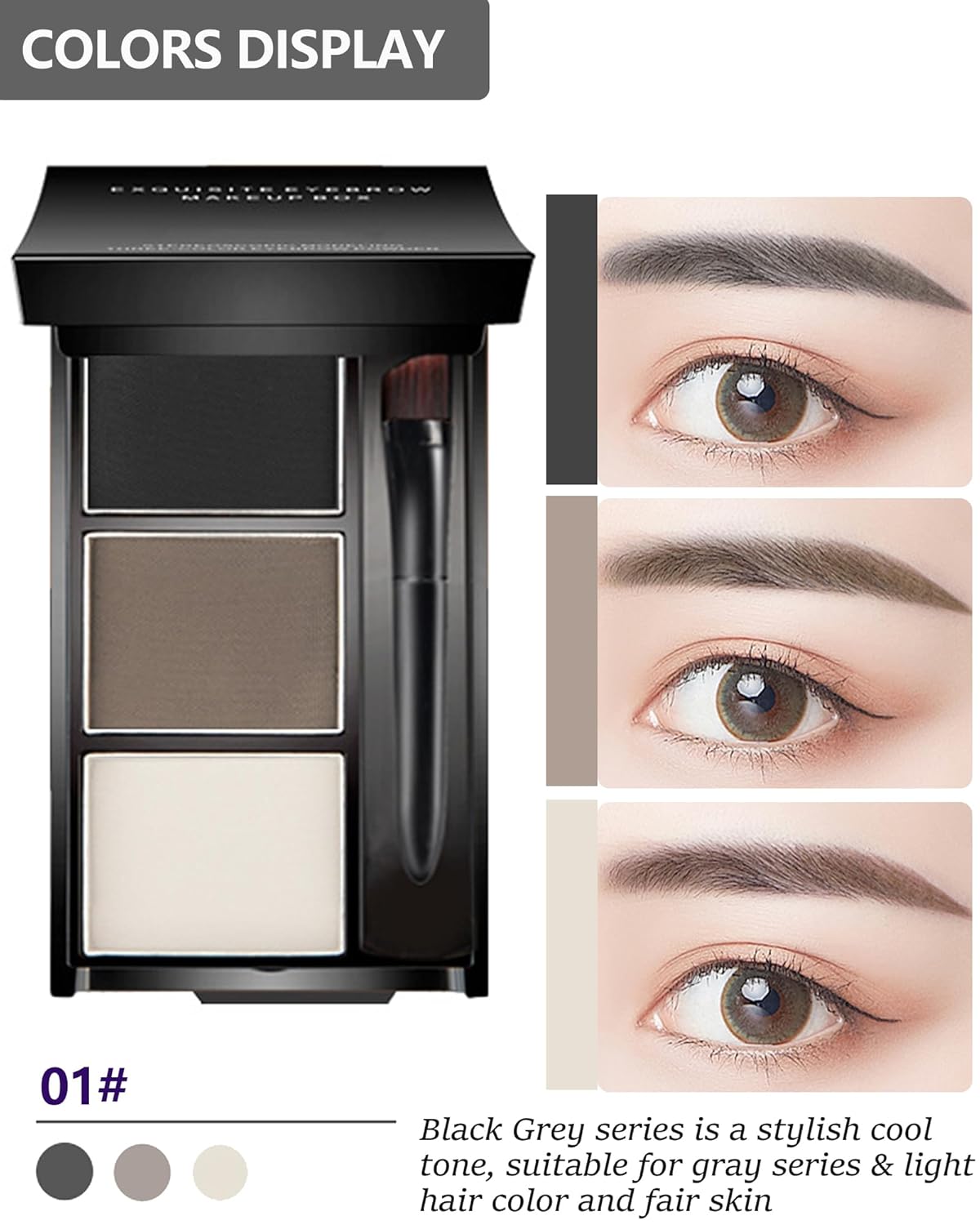 Eyebrow Powder Makeup Kit-3 Colors Eye Brow Powder Palette Long-Lasting Waterproof, Black Brown Series Brow Powder, Fill & Sculpt Full Eyebrows for Women, With Mirror, Brow Brush & Razor-Set 01