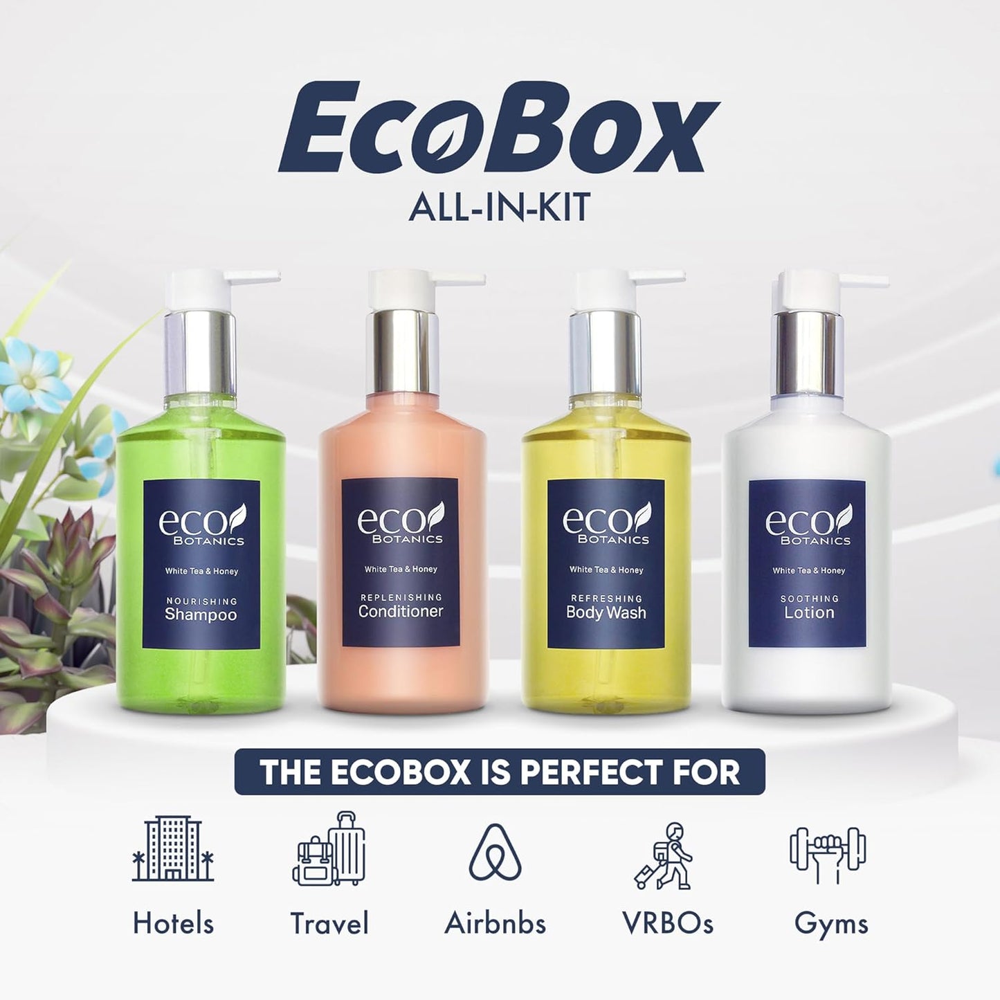 1-Shoppe Eco Botanics 20 Piece Ecobox All-In-Kit | White Tea and Honey Soap | 6 Shampoo, 4 Conditioner, 6 Body Wash & 4 Lotion | 10.14oz Hotel Soaps and Toiletries Bulk | Personal Care Products