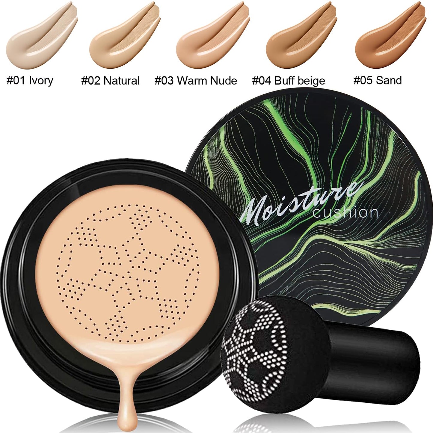 2 PCS Mushroom Head Air Cushion CC Cream Nature Foundation,Foundation Brush Powder Brush,Moisturizing Concealer, Bright Makeup Base Long Lasting with Mushroom Makeup Sponge(#04 Buff Beige)