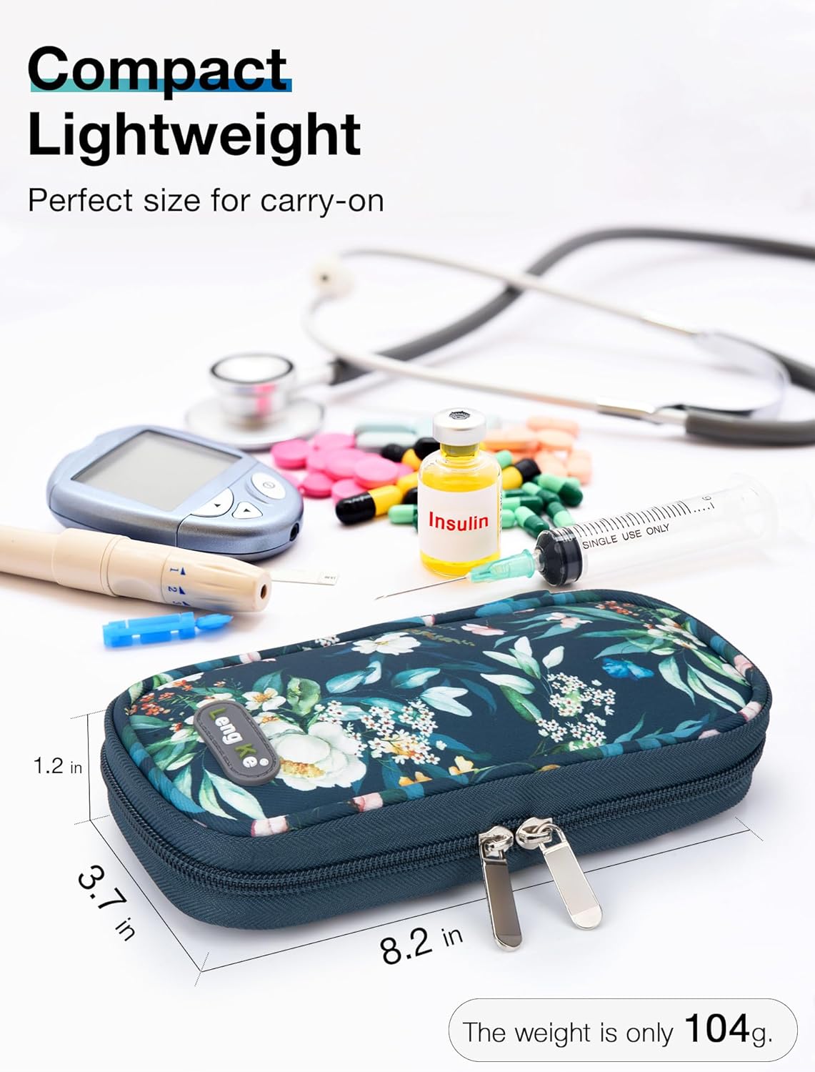 Insulin Cooler Travel Case, Insulin Pen Cooler, TSA Approved, Camellia Blue, Floral