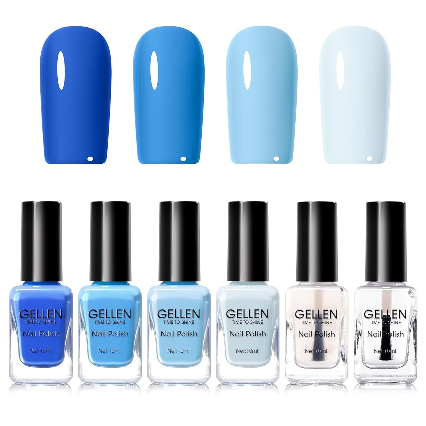 Gellen Blue Nail Polish & Clear Base Top Coat Nail Polish, Quick Air Dry Natural Regular Nails Polish Bright Baby Cobalt Ocean Blue 6pcs Set for Acrylic Natural Nails Home Salon, Non UV Gel, Hema Free