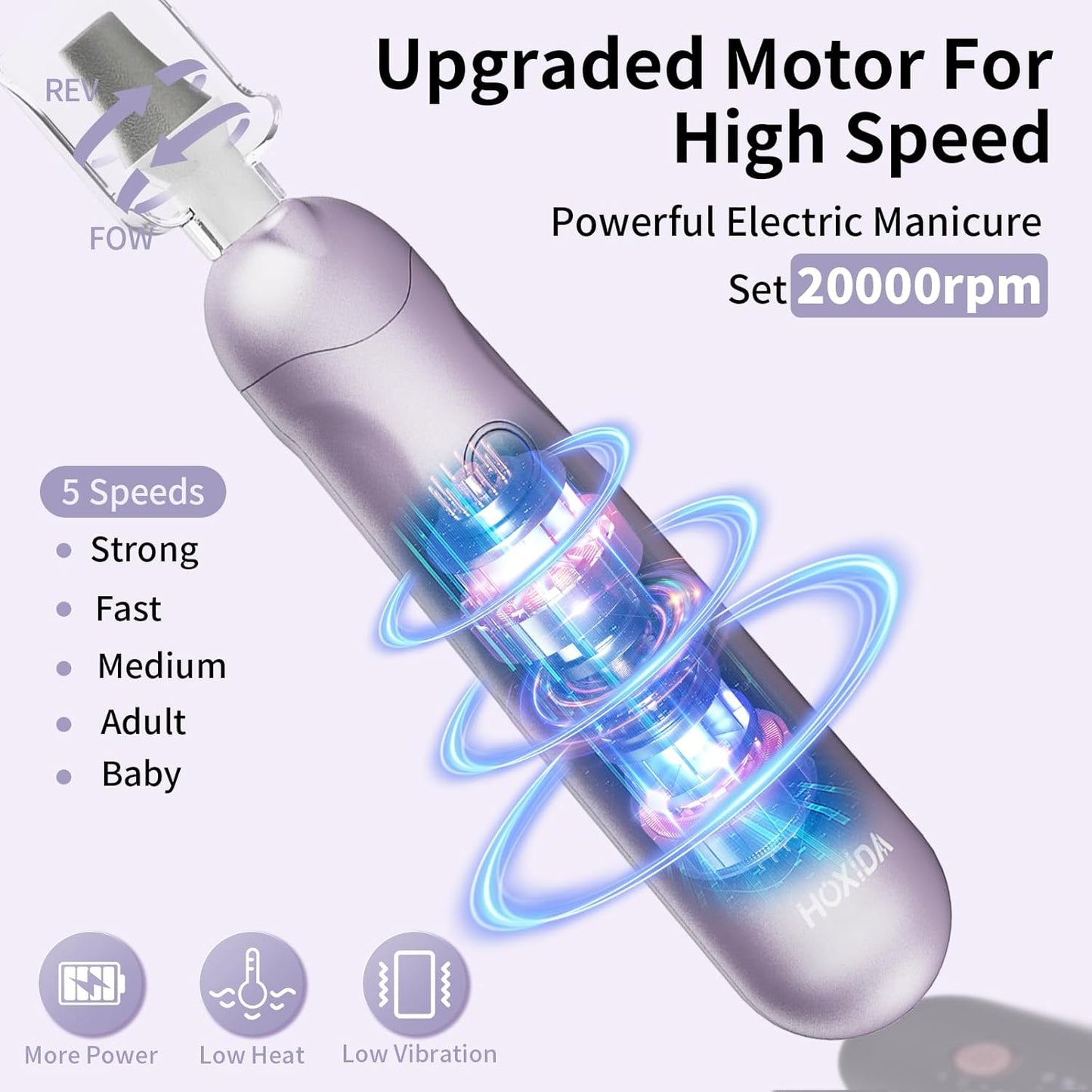 Professional Manicure Pedicure Kit, Cordless Electric Nail File Set, Rechargeable Pedicure Tools for feet, 5 Speeds Hand Foot Care Nail Drill for Thick Nail Toenail Cuticle Women Men Baby Pets-Purple