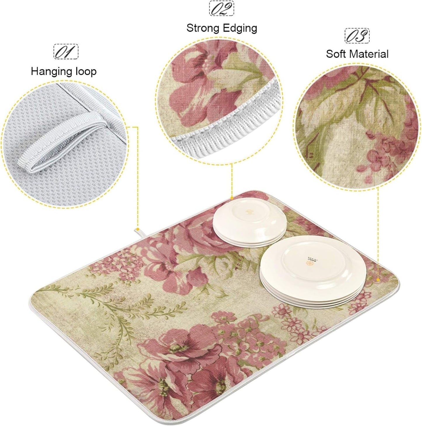 Dish Drying Mat for Kitchen Counter Vintage Pink Rose Absorbent Microfiber Drying Pad Dish Drainer Mat 18 x 16 Inch Reversible Bottles Dish Dry Pad