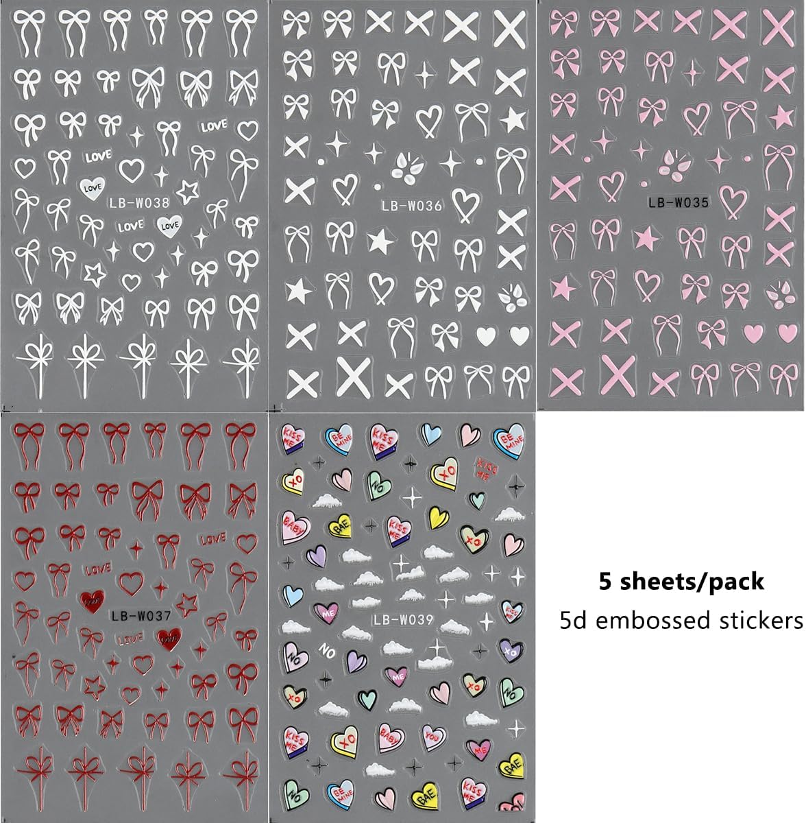 5D Embossed Bow Nail Stickers, 5 Sheets Self-Adhesive Pink White Ribbons Nail Decals, Valentines' Day Nail Art, Heart Nail Charms, Cute Cartoon Pop Art Stickers, Pegatinas para Uñas