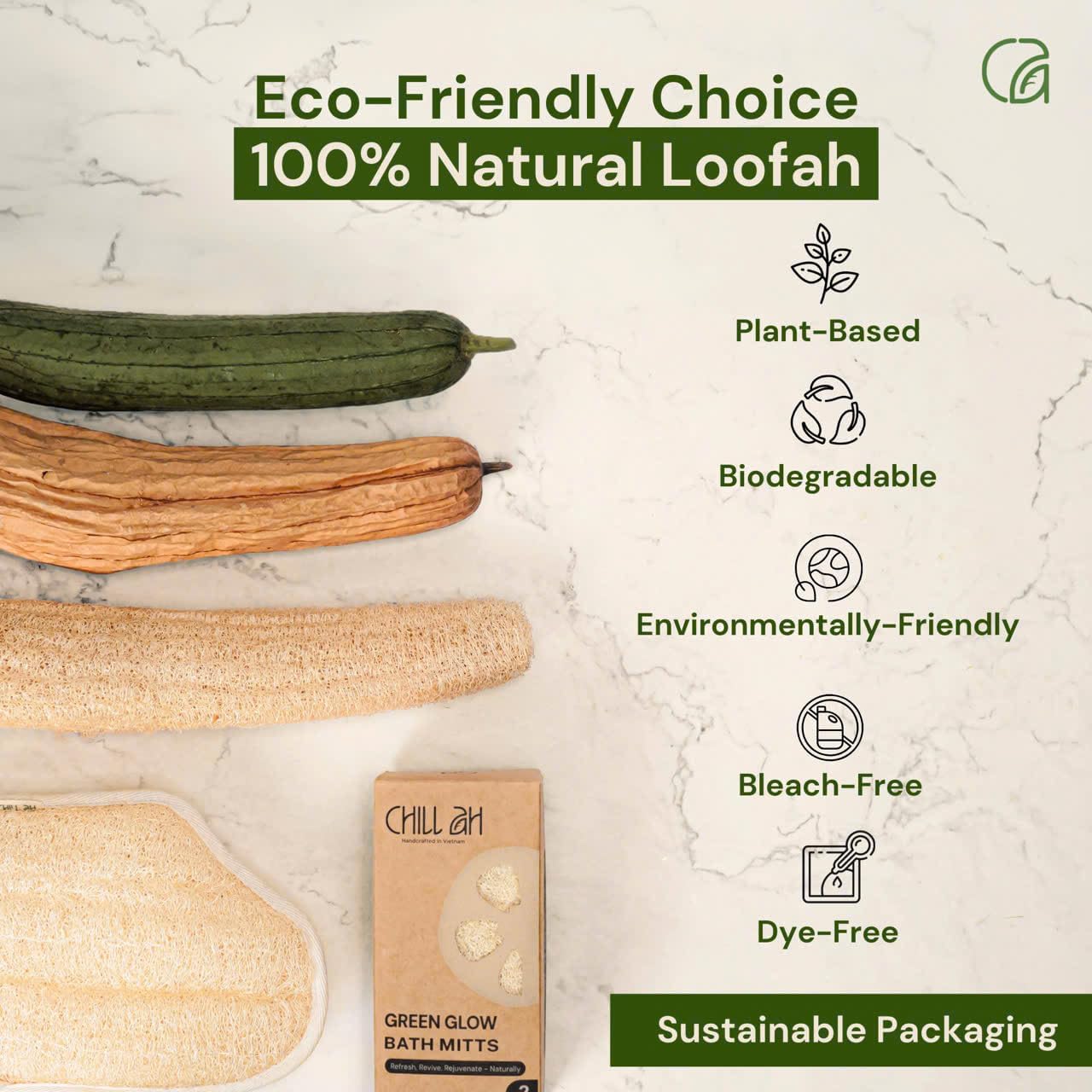 Chill Ah Green Glow Dual-Sided Loofah Bath Mitts (2-Pack) – 100% Plant-Based, Dye-Free, Biodegradable, Handcrafted in Vietnam – Natural Exfoliating Gloves for Glowing Skin