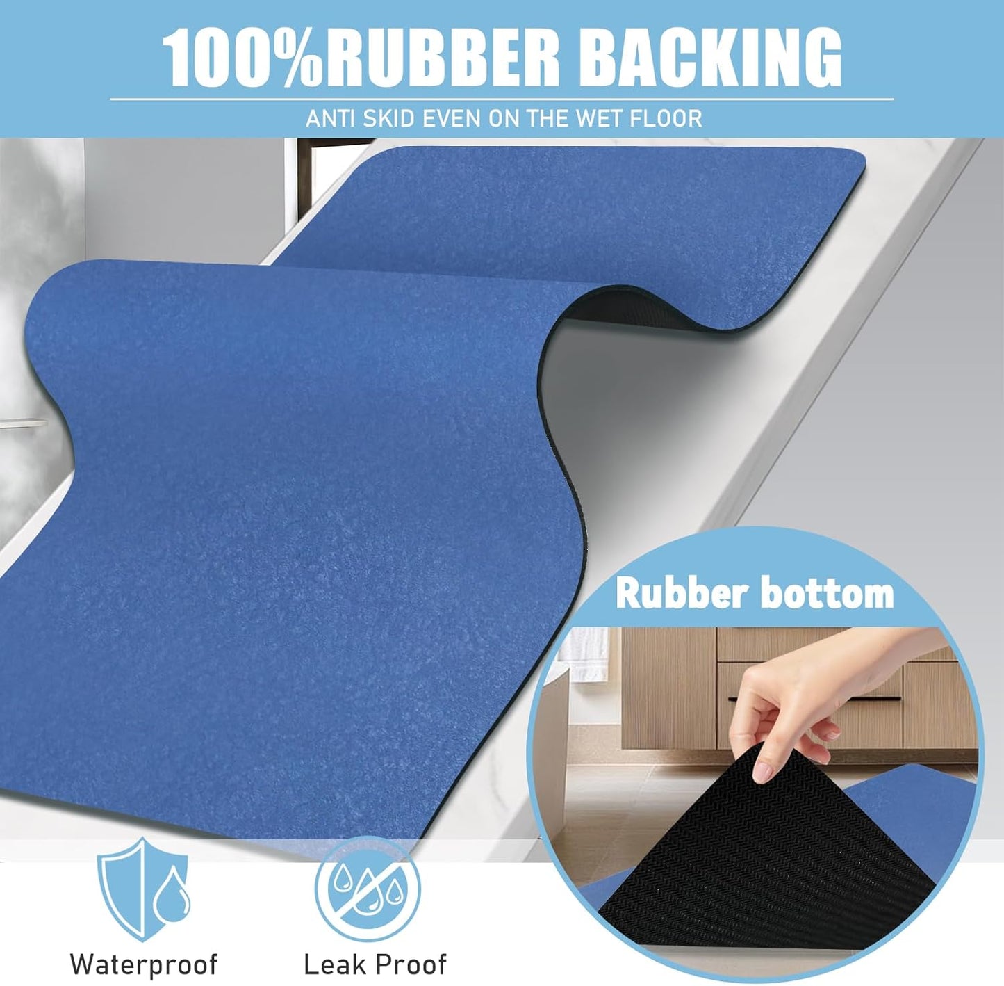 Diatomaceous Earth Bath mat Bathroom Rugs Super Absorbent Quick Dry Non Slip Bath Mat Thin Bathroom Floor Mats Fit Under Door-Shower Rug for in Front of Bathtub Shower, Blue, 23.6"x47.2"