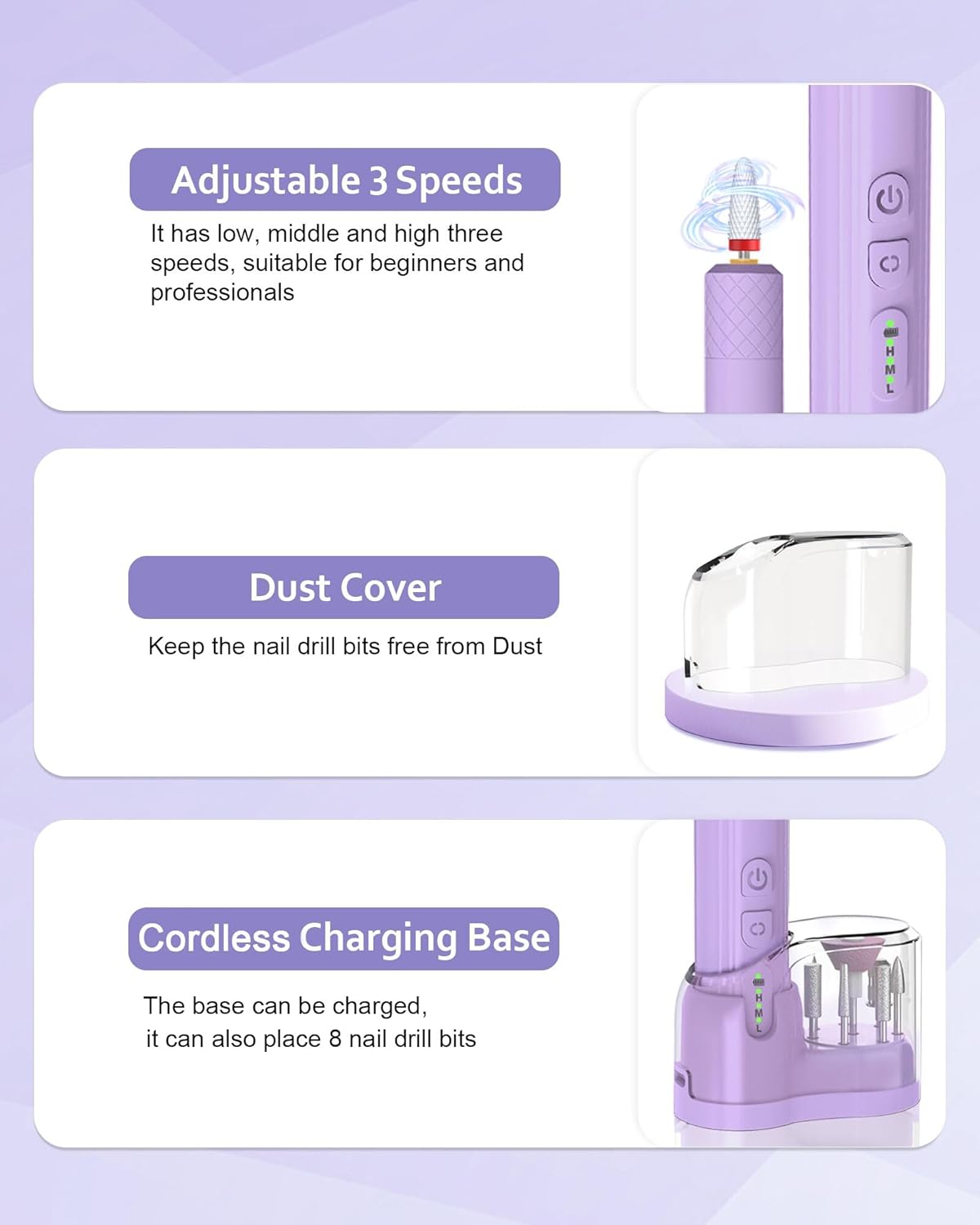 Nail Drill,Cordless Electric Files for Gel Nails E-File Manicure Kit Women Rechargeable Cordless Drill para Uñas Profesional Machine Grinder Acrylic Purple