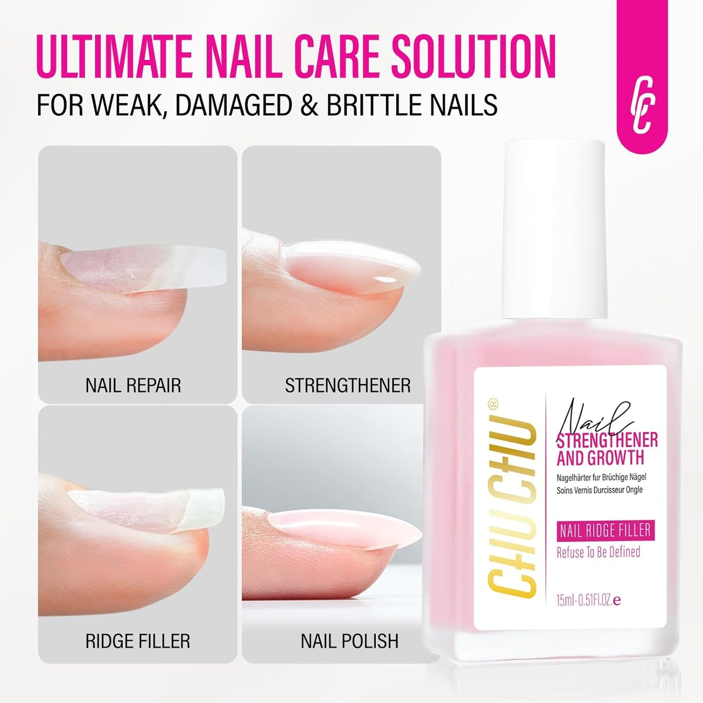 Nail Repair for Women: 8 in 1 Pink Nail Hardener Extra Strong and Growth - 15ML Natural Nail Polish Hardener Ridge Filler Strengthener for Weak and Damaged Nails 15ml