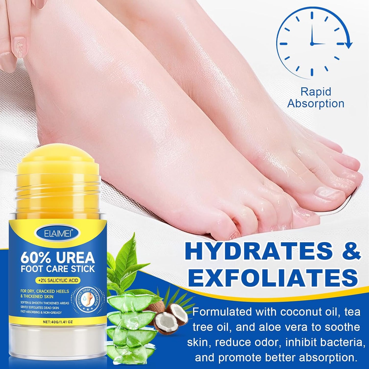 60% Urea Cream Stick plus 2% Salicylic Acid, Maximum Strength Urea Foot Cream Callus Remover for Dry Cracked Heels, Hands, Knees,Exfoliating Moisturizer, Dead Skin Remover Foot Balm 1.4oz (2pcs)