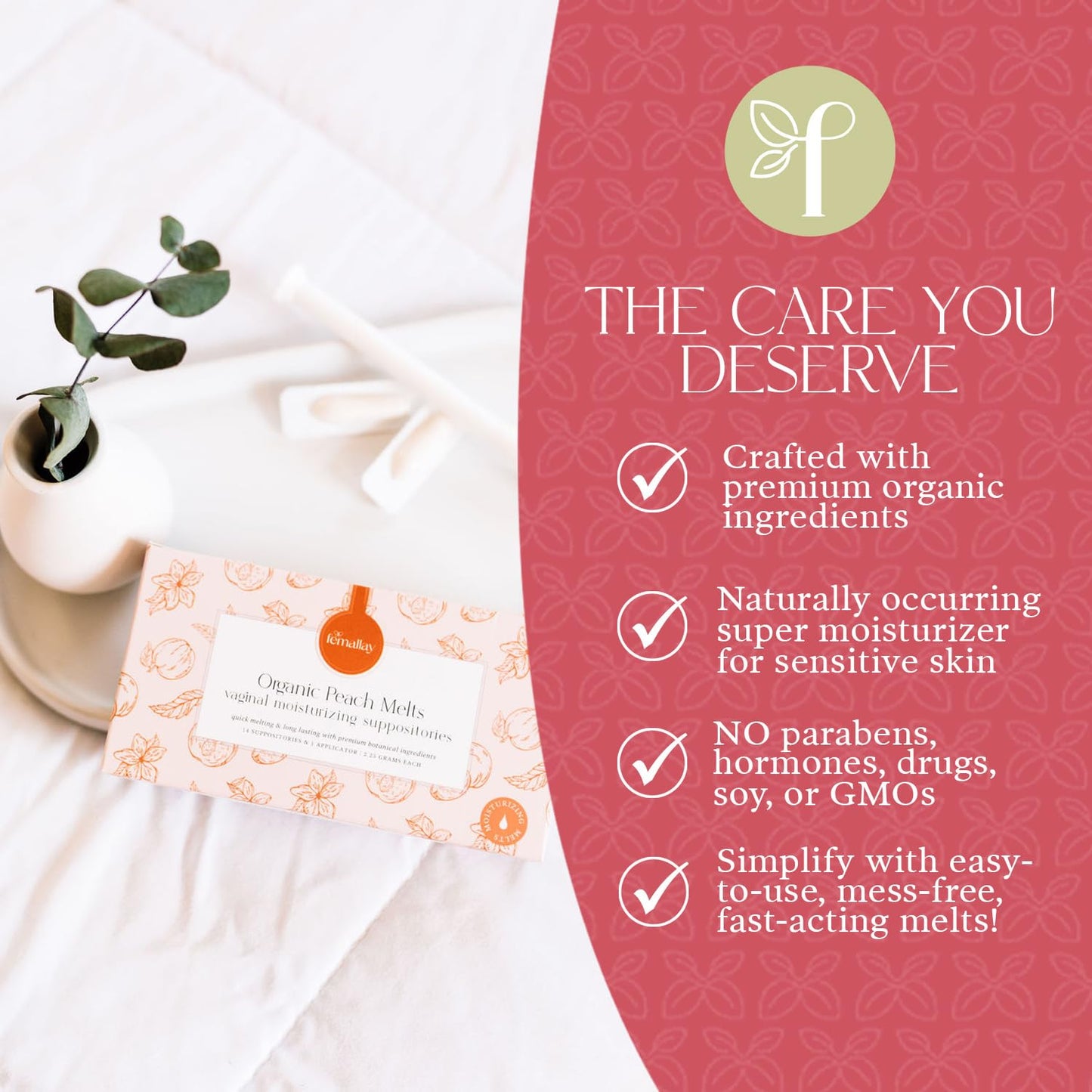 Femallay Organic Vaginal Moisturizing Suppositories – Peach – 100% Natural Relief for Dryness, Odor & Daily Feminine Discomfort – 14 Count + Applicator