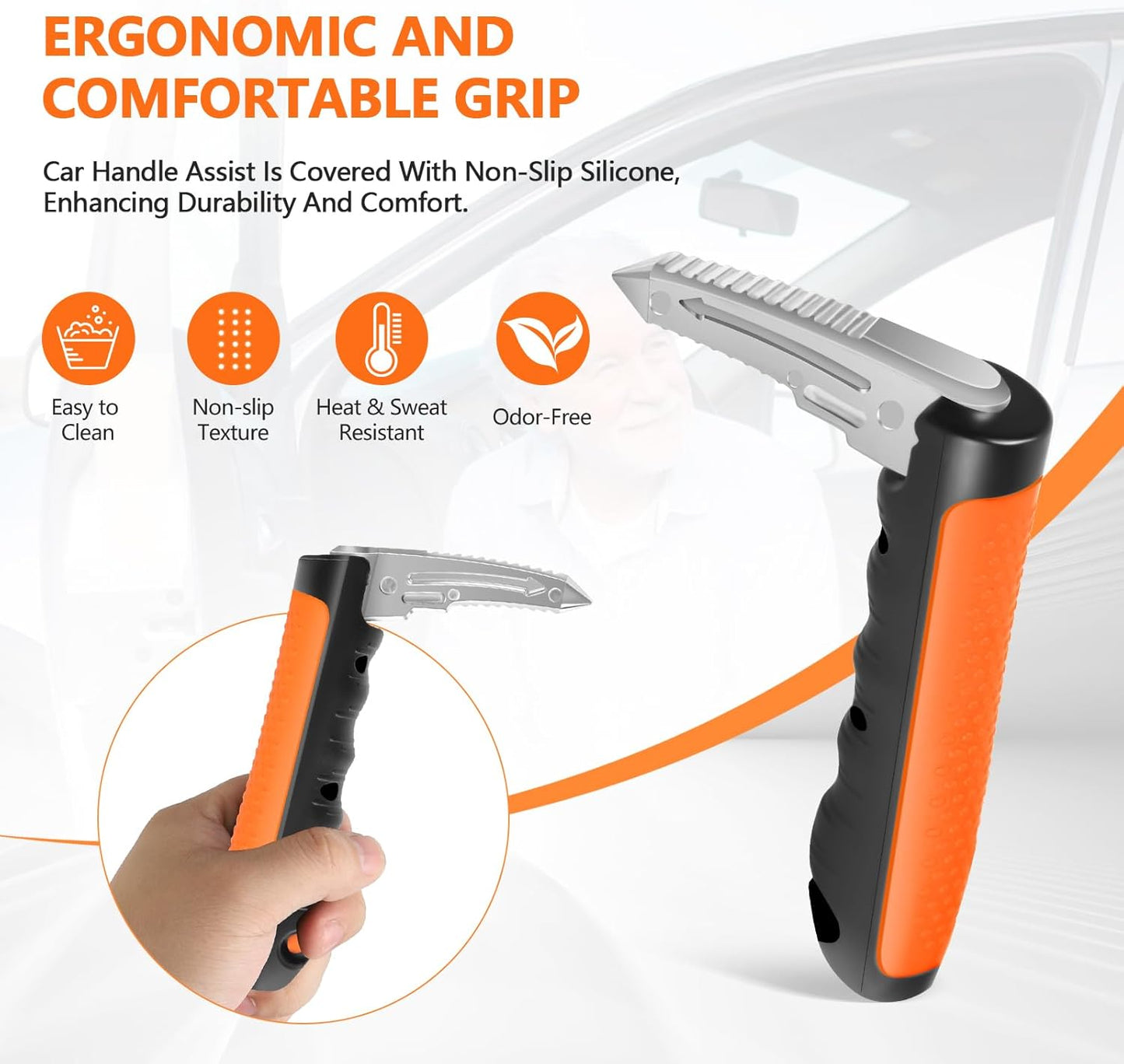Car Door Handle for Elderly - 2025 New 4 in 1 Car Handle Assist, 2 Pack Auto Cane Portable Vehicle Support Handle Door Assist Bar, Max Load 500 Lbs, Anti-Slip Design (Orange-Car Handle +Strap)
