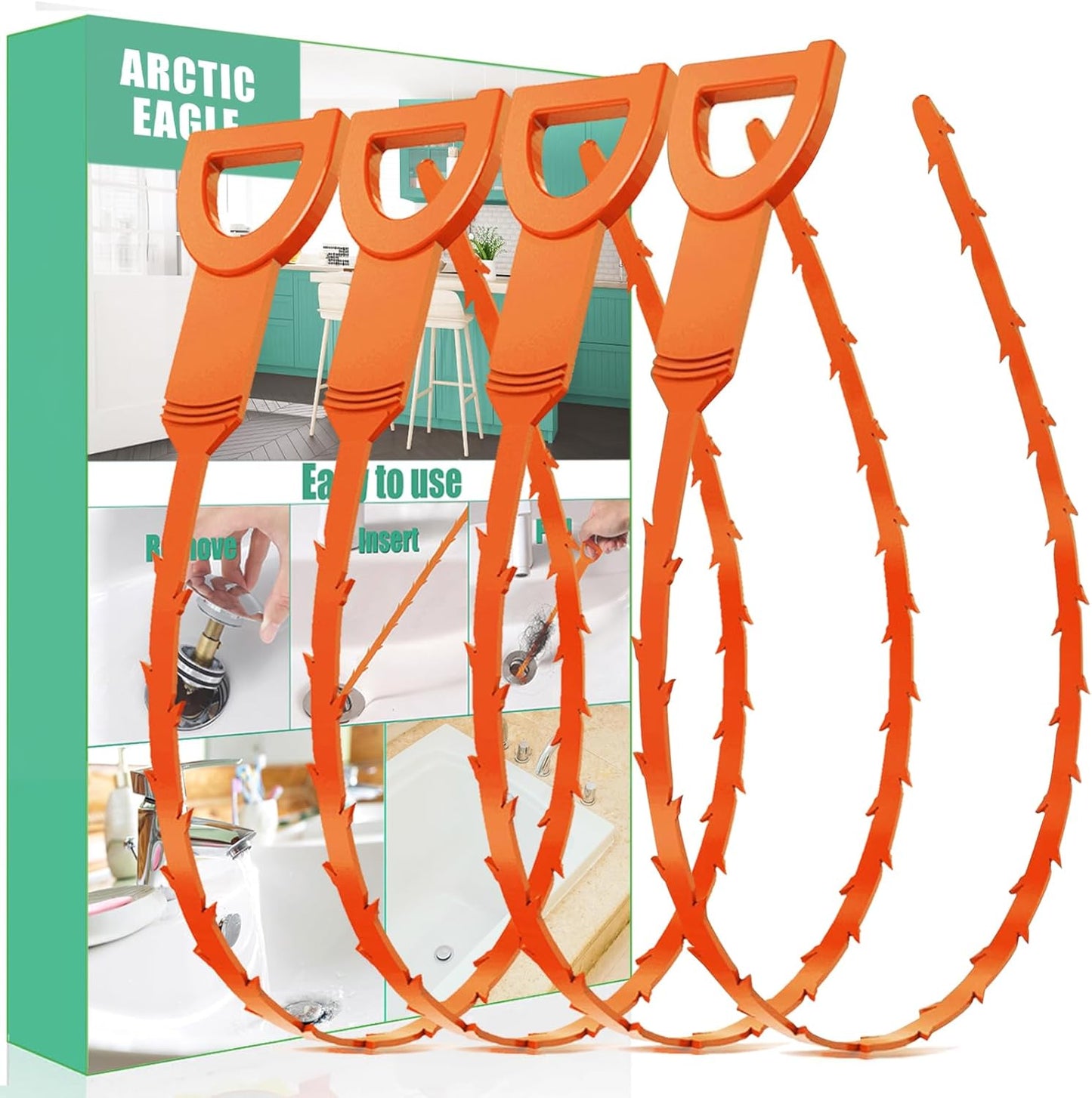 Drain Snake Hair Drain Clog Remover - 4 Pack Shower Snake Sink Unclogger Tool with Exquisite Packaging (Orange)