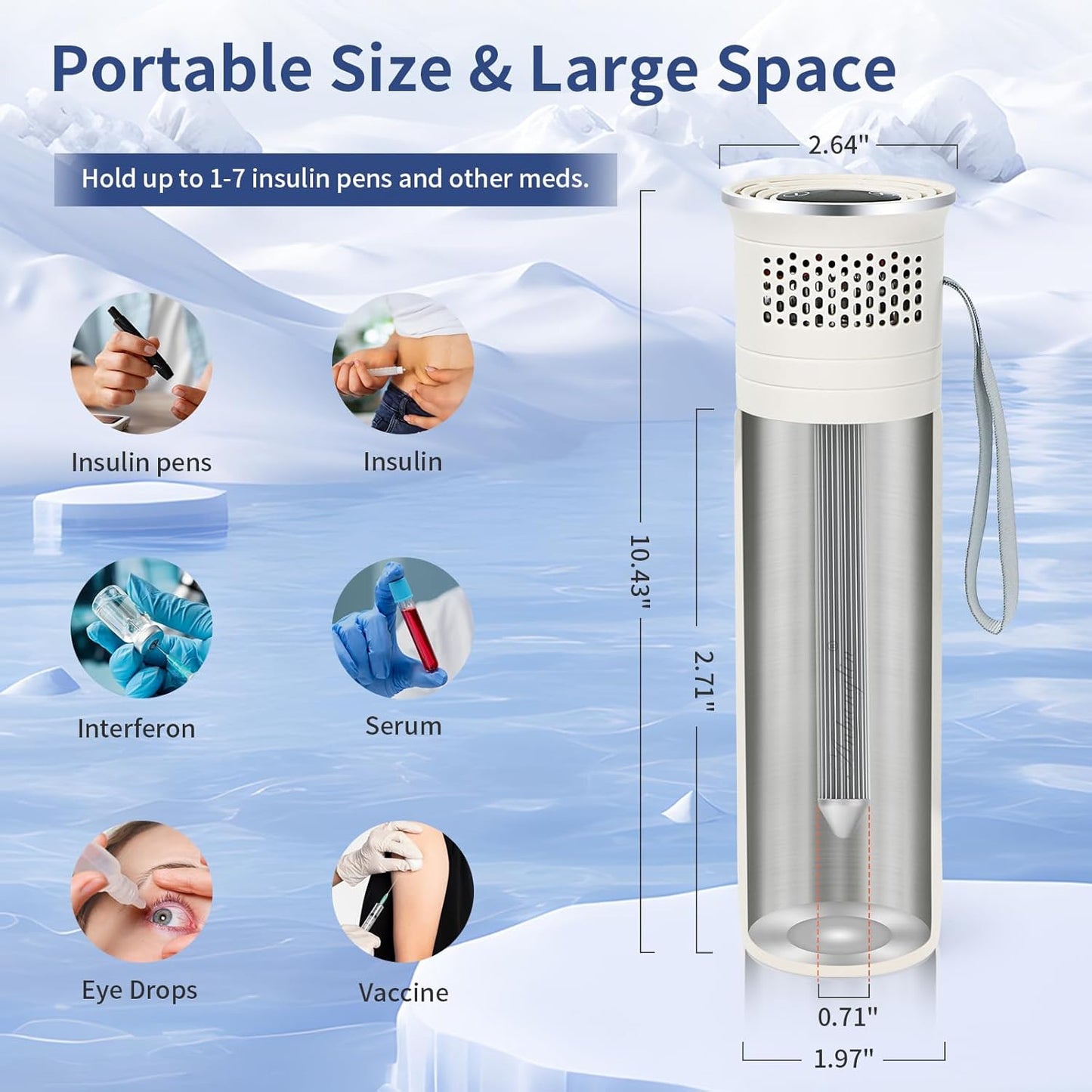 Electric Insulin Cooler Travel Case, TSA Approved Medication Cooler for Travel Hold 1–7 Medication Pens, 36-68F On–The–Go Medicine Diabetes Travel Case with Digital Display & Icicle, White