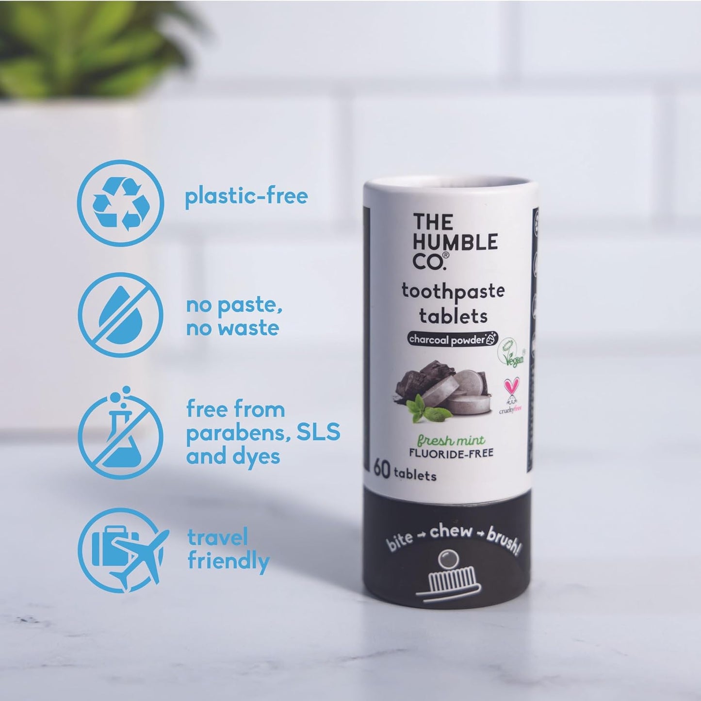 The Humble Co. Charcoal Powder Toothpaste Tablets Fluoride-Free, 3pk - Anticavity, Fluoride Free Toothpaste Dental Tablets with Natural Ingredients, Dentist Developed Formula (Charcoal, 3 Pk)