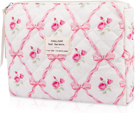 Floral Makeup Bag, Small Cosmetic Bag for Women Girls, Cute Cotton Makeup Bag, Quilted Makeup Bags, Flower Travel Toiletry Organizer Bag(Pink bow ties)