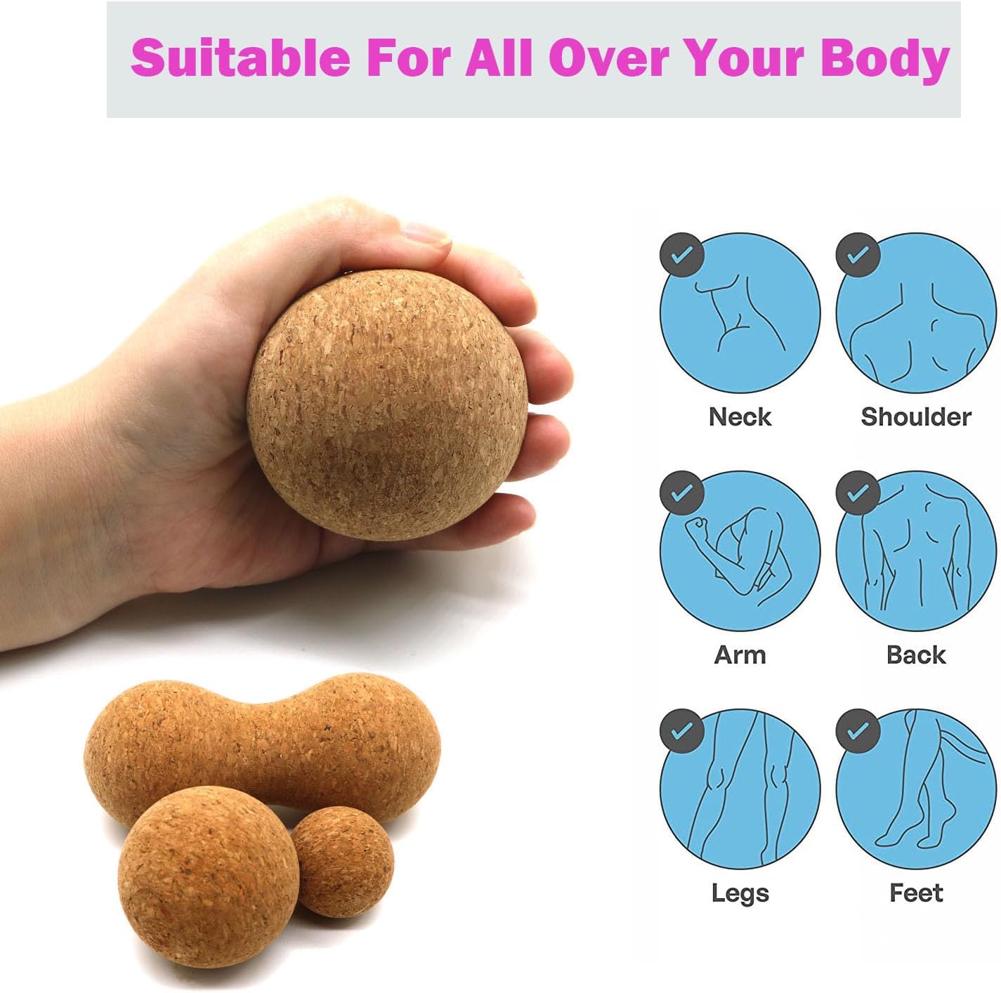 Cork Massage Ball Set for Fascia Release After Exercise, Yoga,Trigger Point Therapy, Relax Muscles, and Relieve Stress,Set of 3 （5.4"*2.4"+2.4"+1.7" Lacrosse Massage Balls