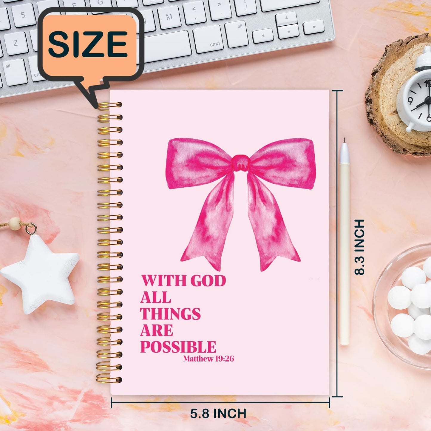 FDHSPAAM Coquette Pink Bow Christian Spiral Journal Notebook 5.5x8.3in, with God All Things Are Possible Inspirational Prayer Journal for Woman, Inspirational Bible Notebooks for Note Taking