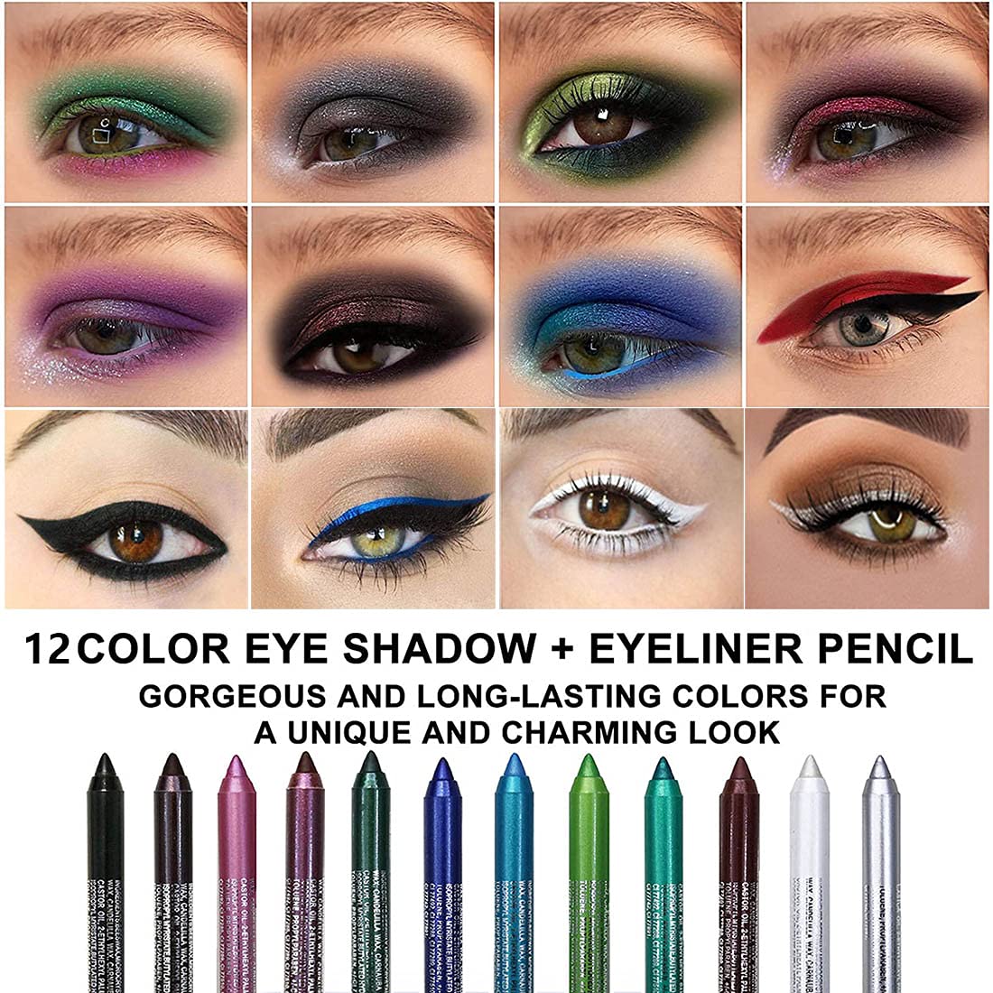 evpct 6Pcs White Glitter Eyeliner Pencils Set delineadores de colores para ojos lapiz negro a prueba de agua Black Silver Blue Red Brown Metallic Colorful Liquid Eye Liners Waterproof