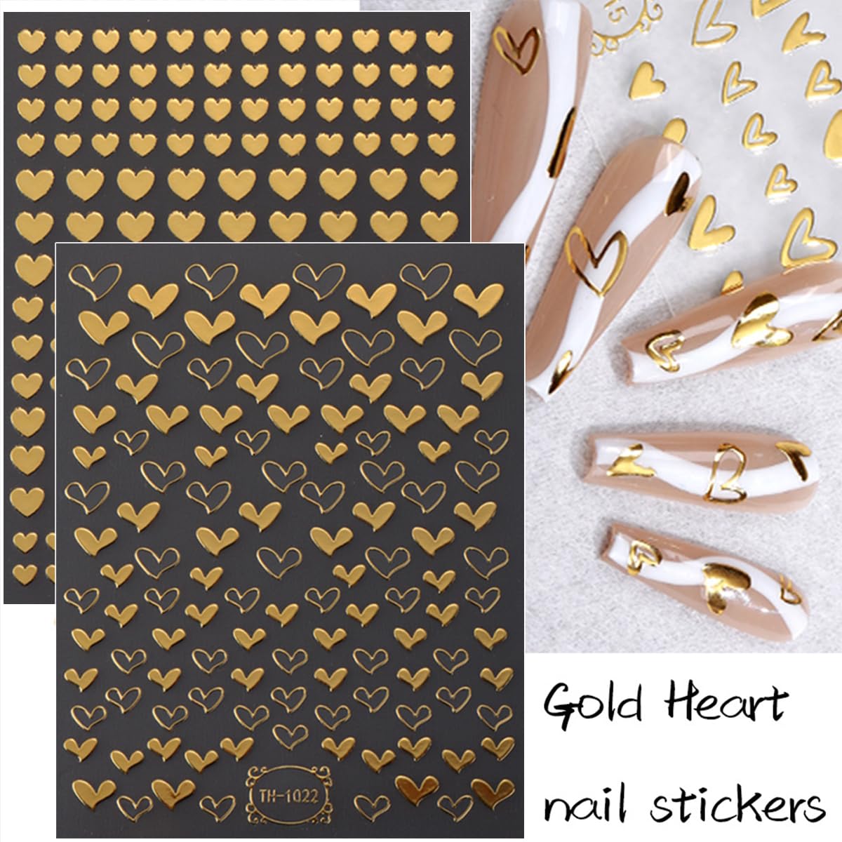 6 Sheets 3D Metallic Heart Nail Art Stickers Self-Adhesive Valentine's Day Nail Stickers Gold Silver Design Heart Charms for Acrylic Nails Tips Love Nail Decals for Women Valentines Nails Decoration