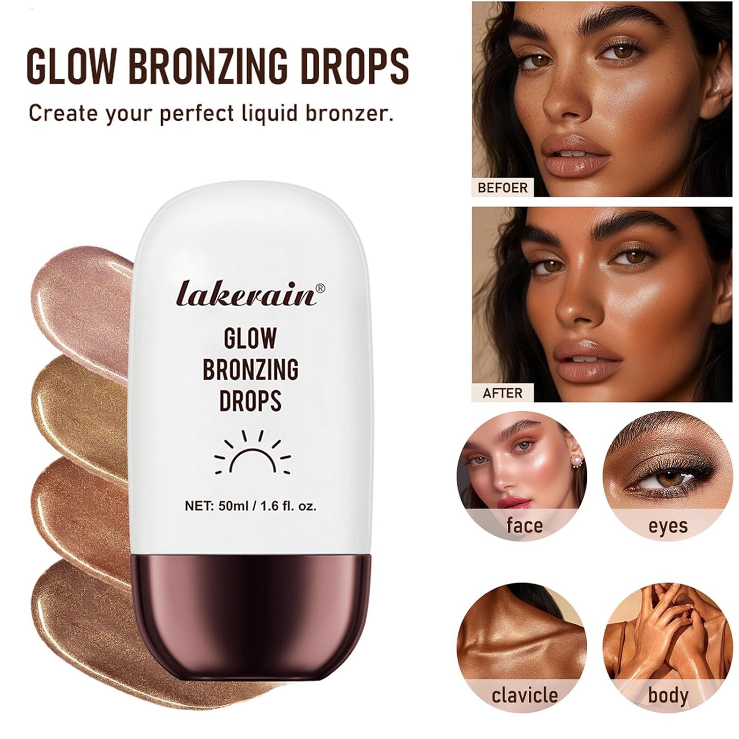Bronzing Drops For Face, Liquid Bronzer Glow Drops, Face Body Shimmer Glow Illuminator, Nourishing Skincare Bronzer Shimmer Oil, Waterproof Moisturizing Body Highlighter(02 Bronze Glow)