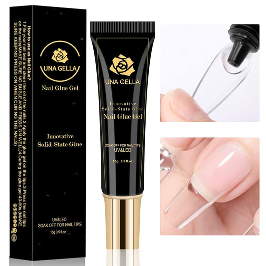 UNA GELLA Solid Nail Glue Gel 15ml Lamp Curing Needed Solid Soak Off U V/LED Lamp Required Super Strong Glue For Fake Acrylic Soft Gel Nail Tips Press On Nails Art Extension