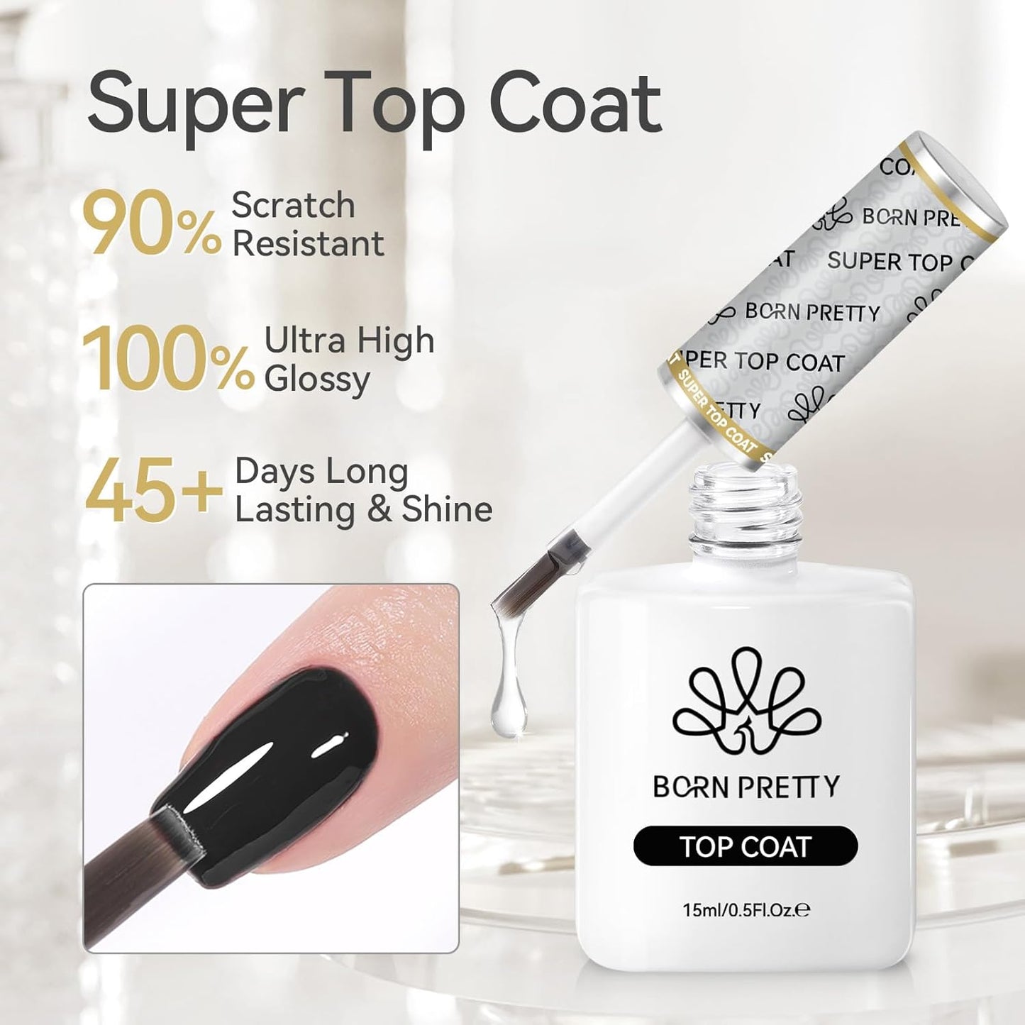Born Pretty Gel Top Coat,15ml Gloss Base and Top Coat Set, No Wipe Super Top Gel Not Chip or Peel and Long Lasting Base Gel Top Gel for Nail Art