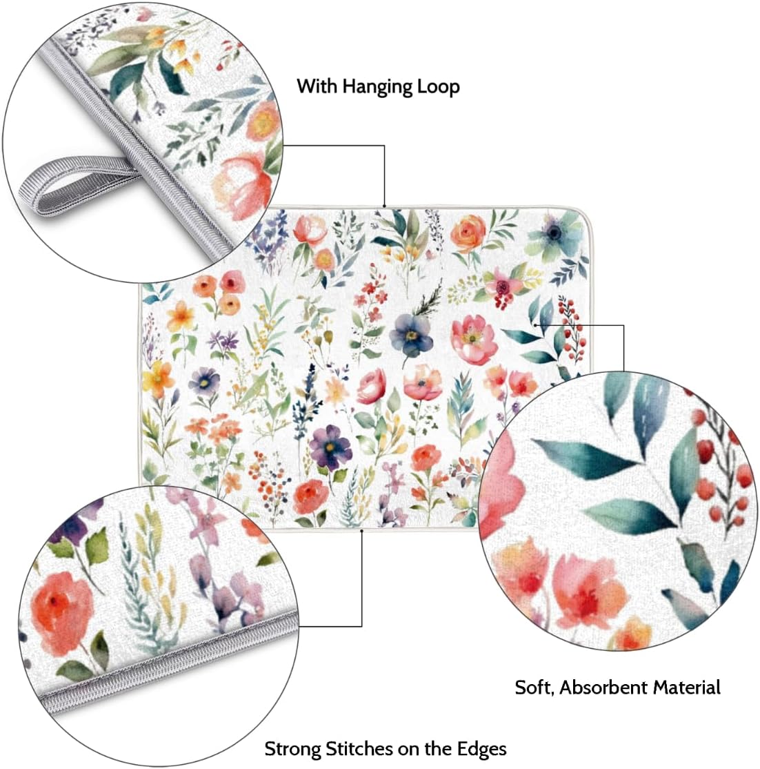 Hexteria Microfiber Absorbent Dish Draining Mat, Floral Dish Drying Mat for Kitchen Counter Washable Drainer Rack Pad, Vintage Floral