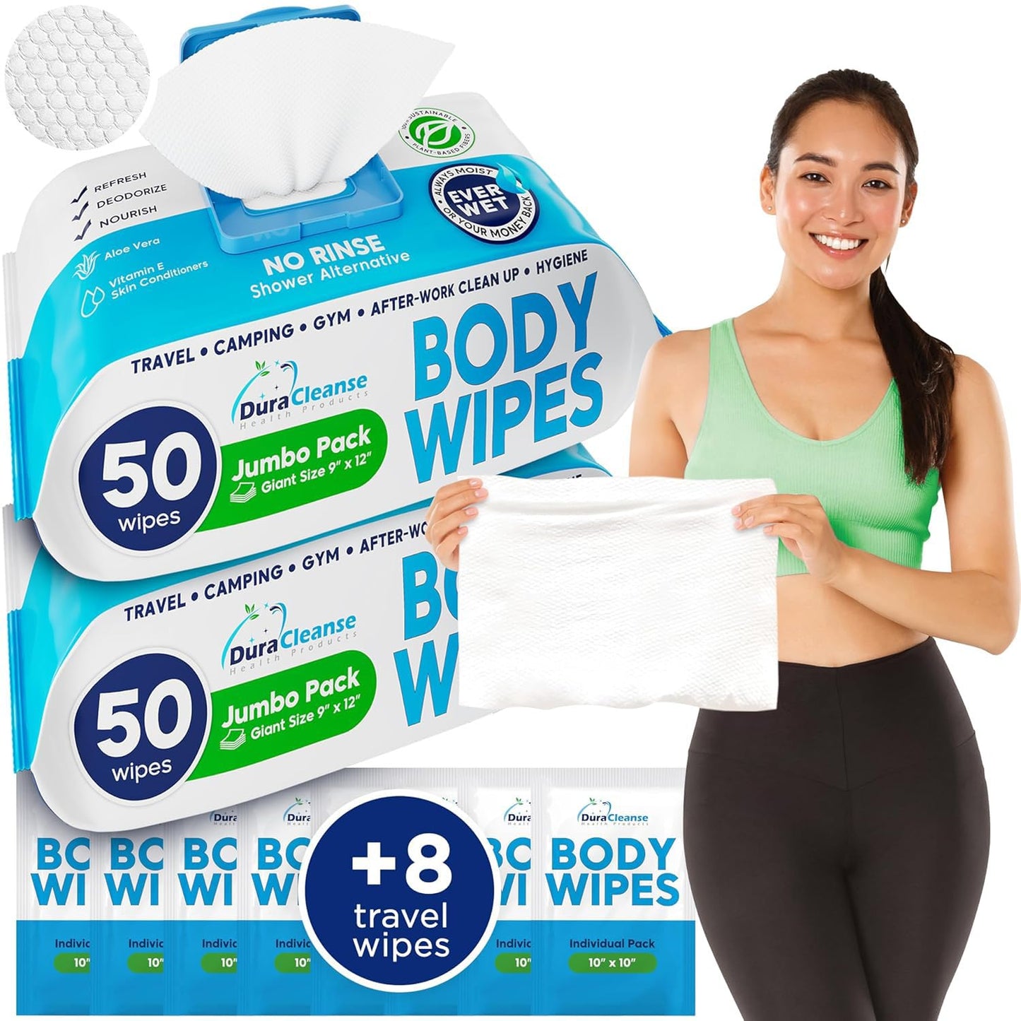 Dura Cleanse Body Wipes for Adults Bathing No Rinse (2 Pack) 100 XL Shower Wipes + 8 Travel Bath Sheets - 9" x 12" Extra Thick Waterless Adult Disposable Washcloths for Camping, Elderly Incontinence