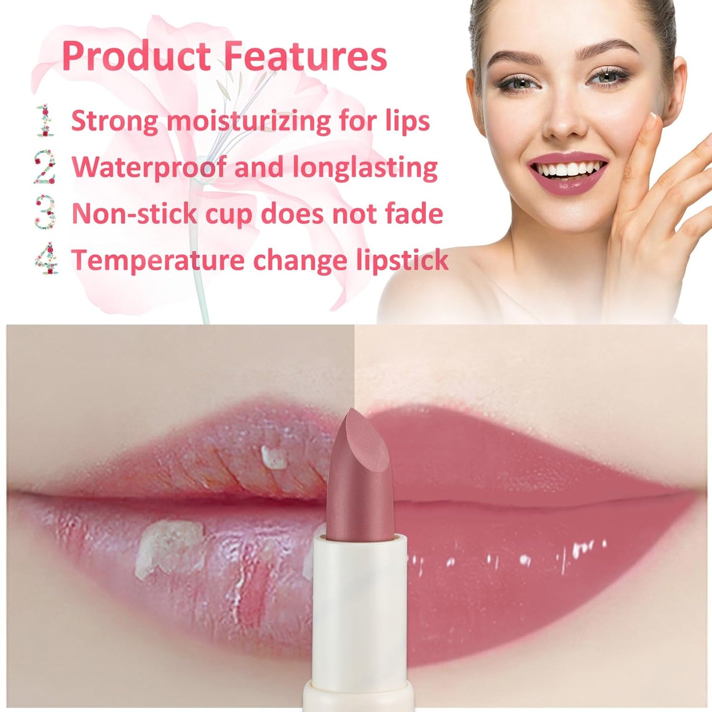 1 Pack Crystal Flower Jelly Lipstick,Magic Color Changing Lipstick,PH Clear Temperature Color Changing Lip Gloss,Lip Balm,Long Lasting Nourishing Moisturizing Lip Stick Set 03