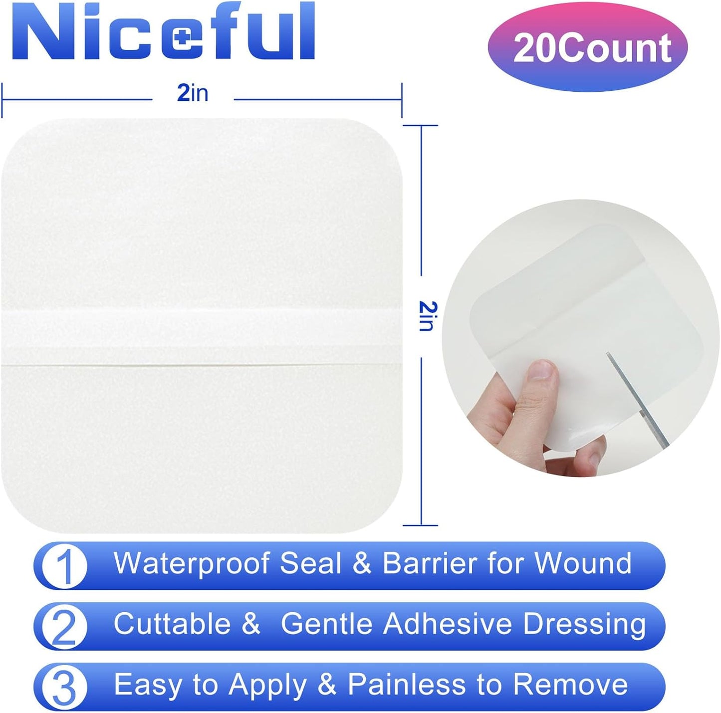 20 Count Hydrocolloid Bandages 2" x 2", Wound Dressing Small Hydrocolloid Gel Bandages for Wounds, Wound Healing Bed Sore Bandage