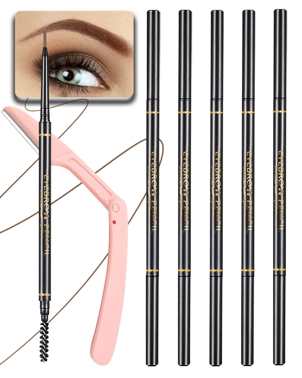 Dark Brown Eye Brow Pencils for Women, 6Pcs Waterproof Eyebrow Pencil, 1.5mm Micro-Fine Tip & Spiral Brush with Brow Razors Perfect for Creating a Natural and Delicate Eyebrow Look Makeup