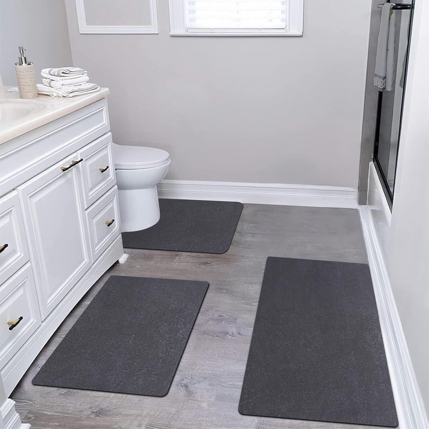 Diatomaceous earth bath mat Bathroom Rugs Sets 3 Piece Super Absorbent Quick Dry Bath Mats, Rubber Non Slip Shower Mat and Toilet Mat U Shape, Shower Rug for in Front of Bathtub Shower, Dark Grey