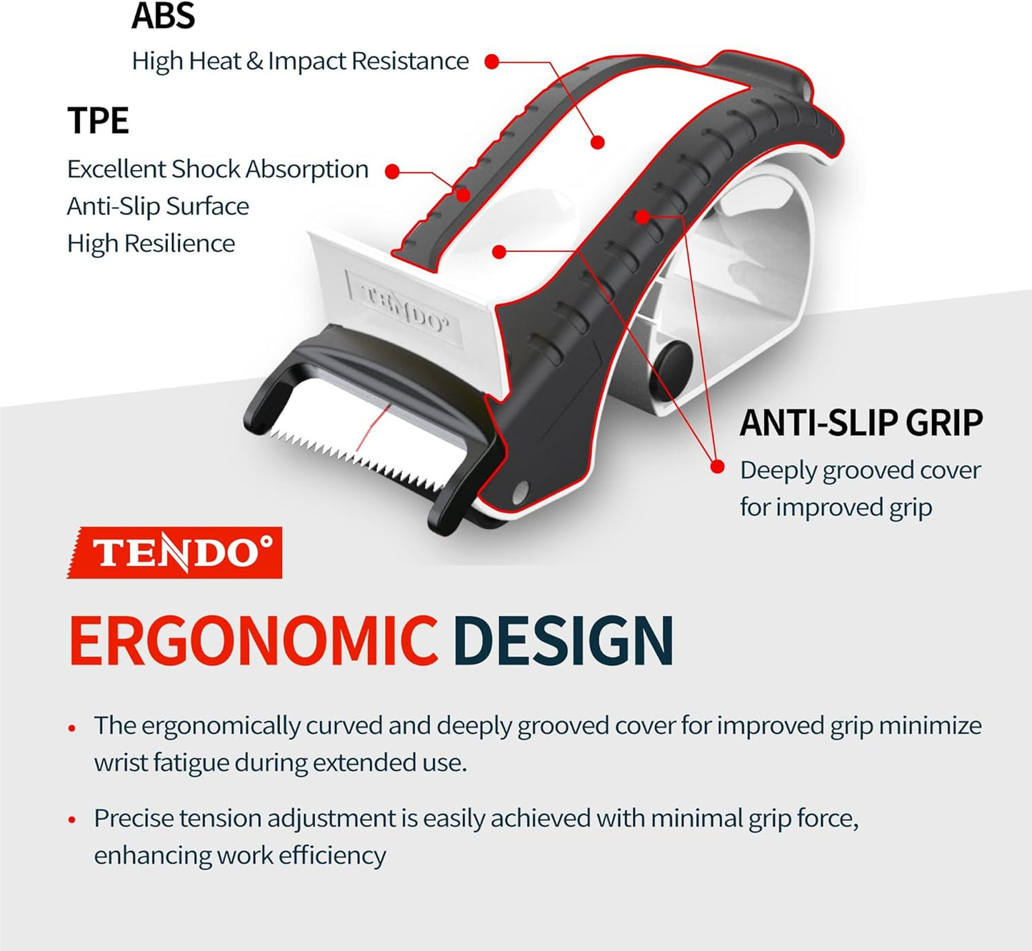 Heavy Duty Shipping Tape Dispenser: TENDO° Premium Line – Reusable, Replaceable, Eco-Friendly 2’’ Master Piece Dispenser for Pros with Patented 10° Sloped Chromium Blades - P-2200 (4th Gen.)_White