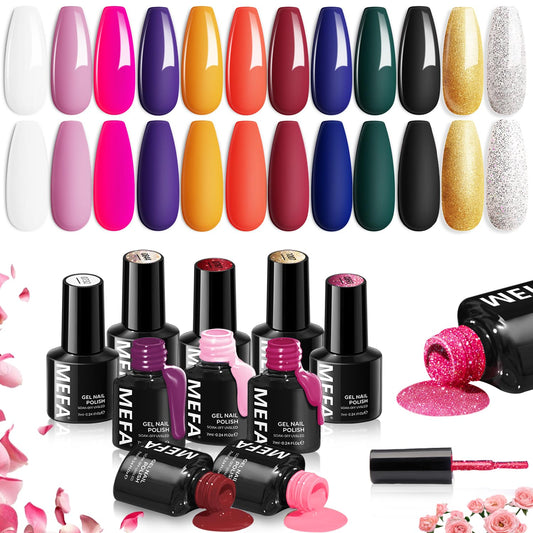 MEFA Gel Nail Polish Set, 12 Colors Gel Nail Kit Pink Red Black Glitter White Blue Yellow Purple Collection with Classic Color for Starters Nail Art Manicure at Home DIY Salon Gifts