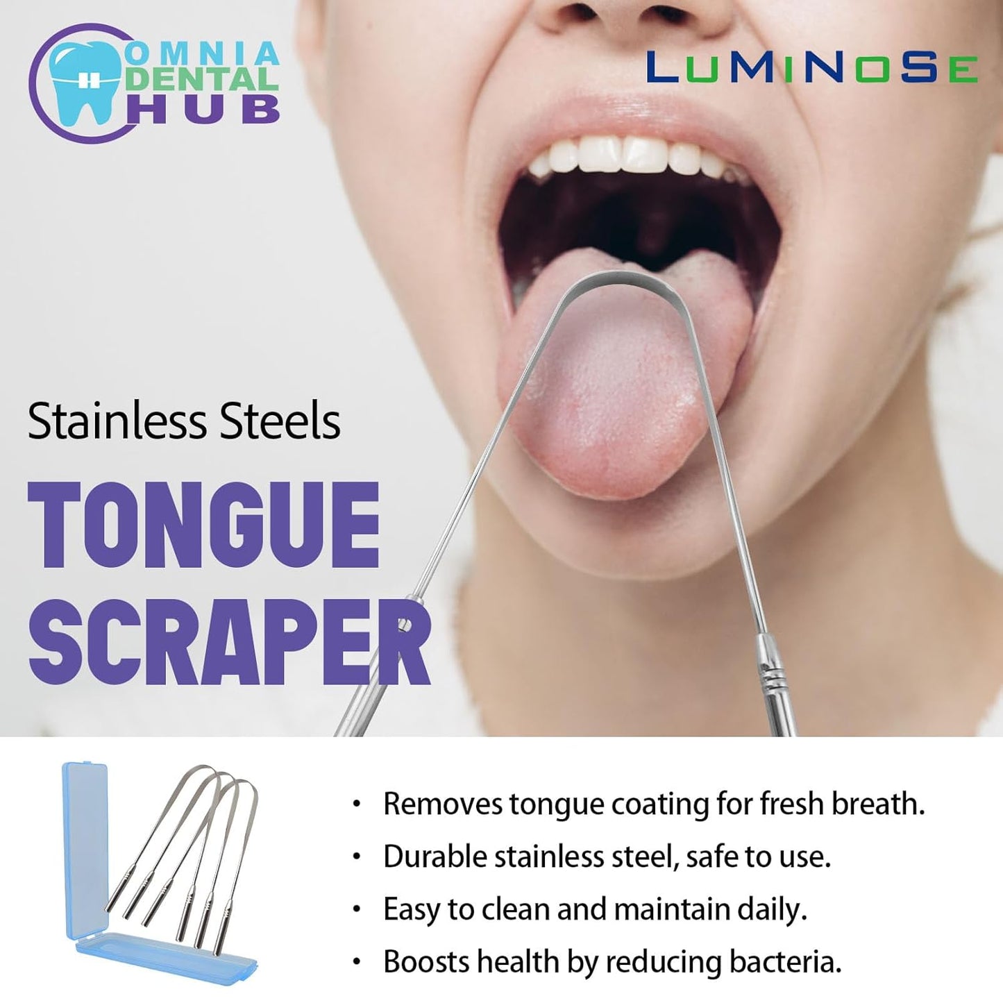 3PCs Medical Grade Tongue Scraper by Omnia One | Stainless Steel Tongue Cleaner, Metal Tongue Scraper with Travel Bag | Tongue Scrubber for Bad Breath, Boost Oral Hygiene