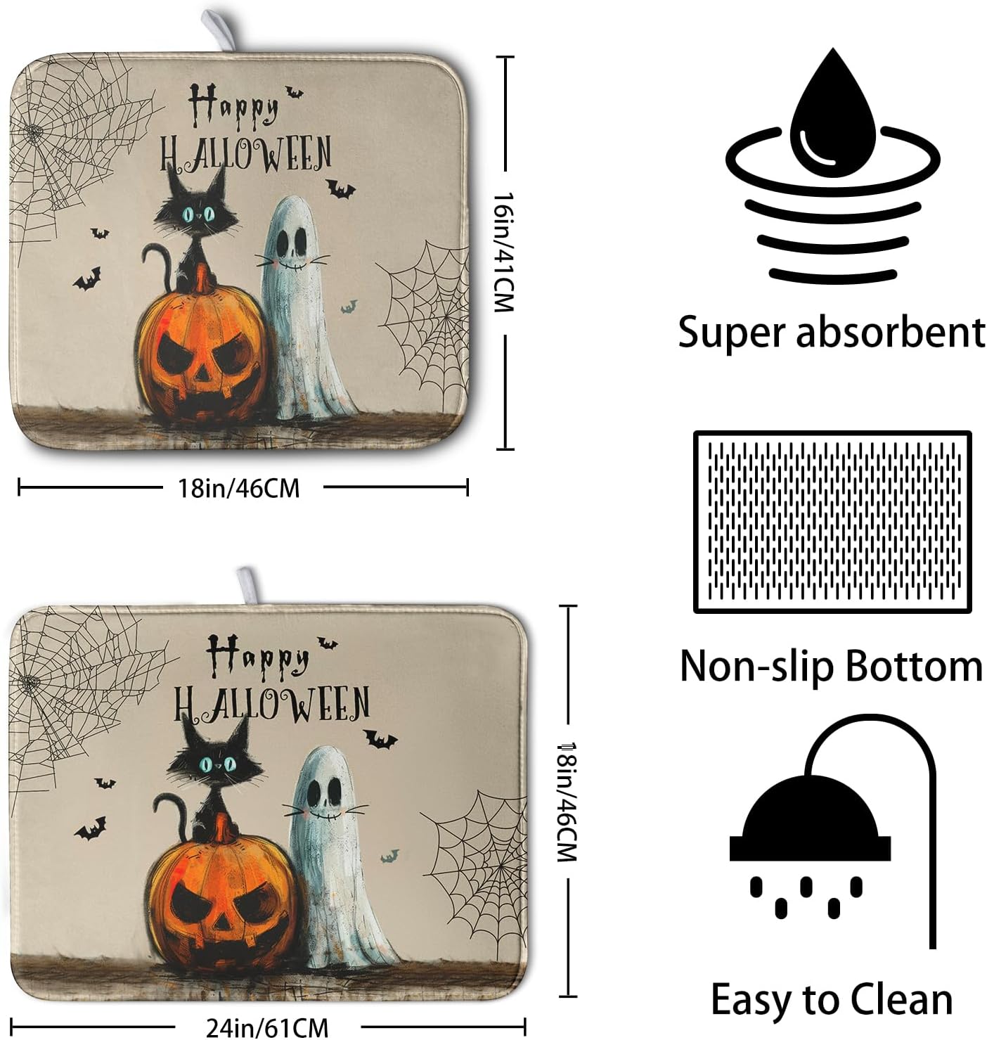 Happy Halloween Dish Drying Mat for Dishs 18x24 Inch Halloween Pumpkin Ghost Black Cat Kitchen Drying Mat Spooky Spiderweb Holiday Dish Drainer Mat Super Absorbent Dish Rack Pad for Coffee Bar Sinks