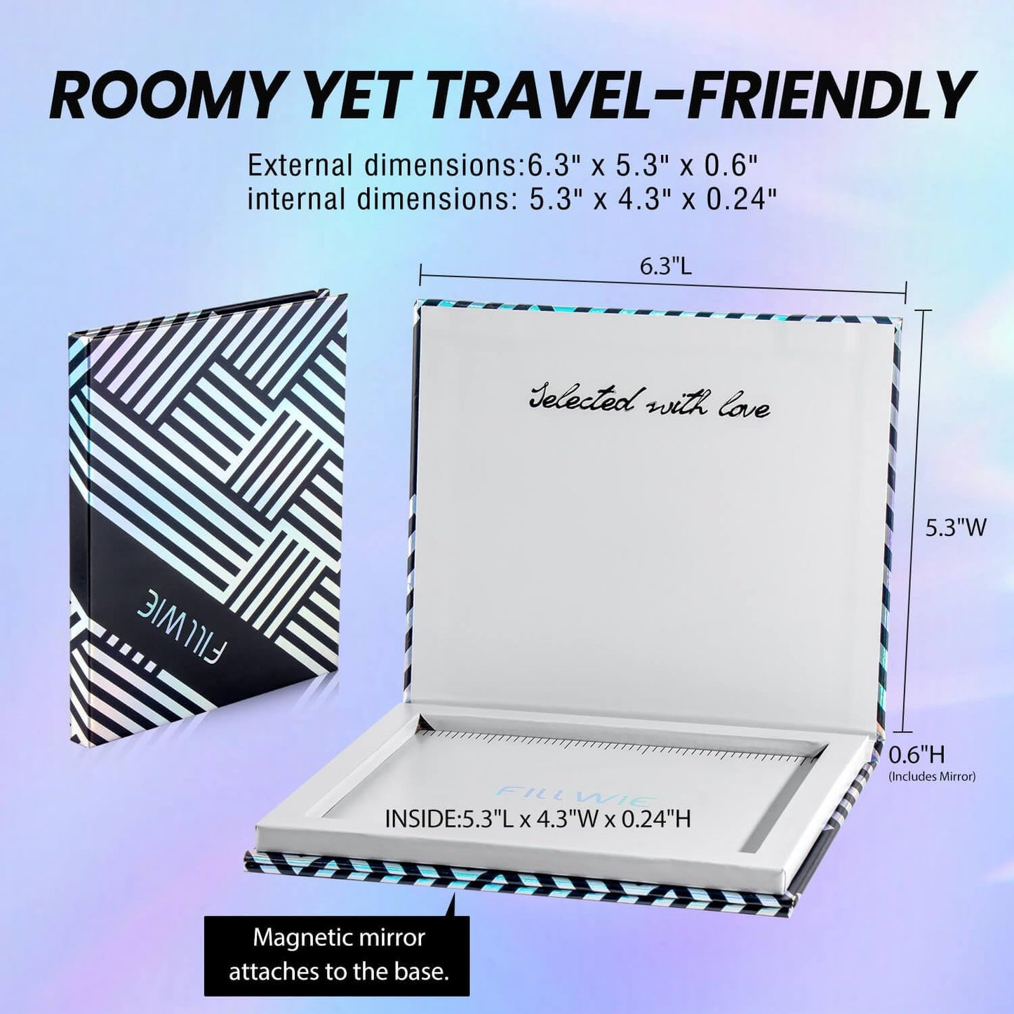 Empty Magnetic Makeup Palette with Mirror, Spatula, 20 Metal Stickers, Suitable for Eyeshadow Lipstick Blush Powder Highlighter and Contour, DIY Refillable, Holographic Stripes (Black, Medium)