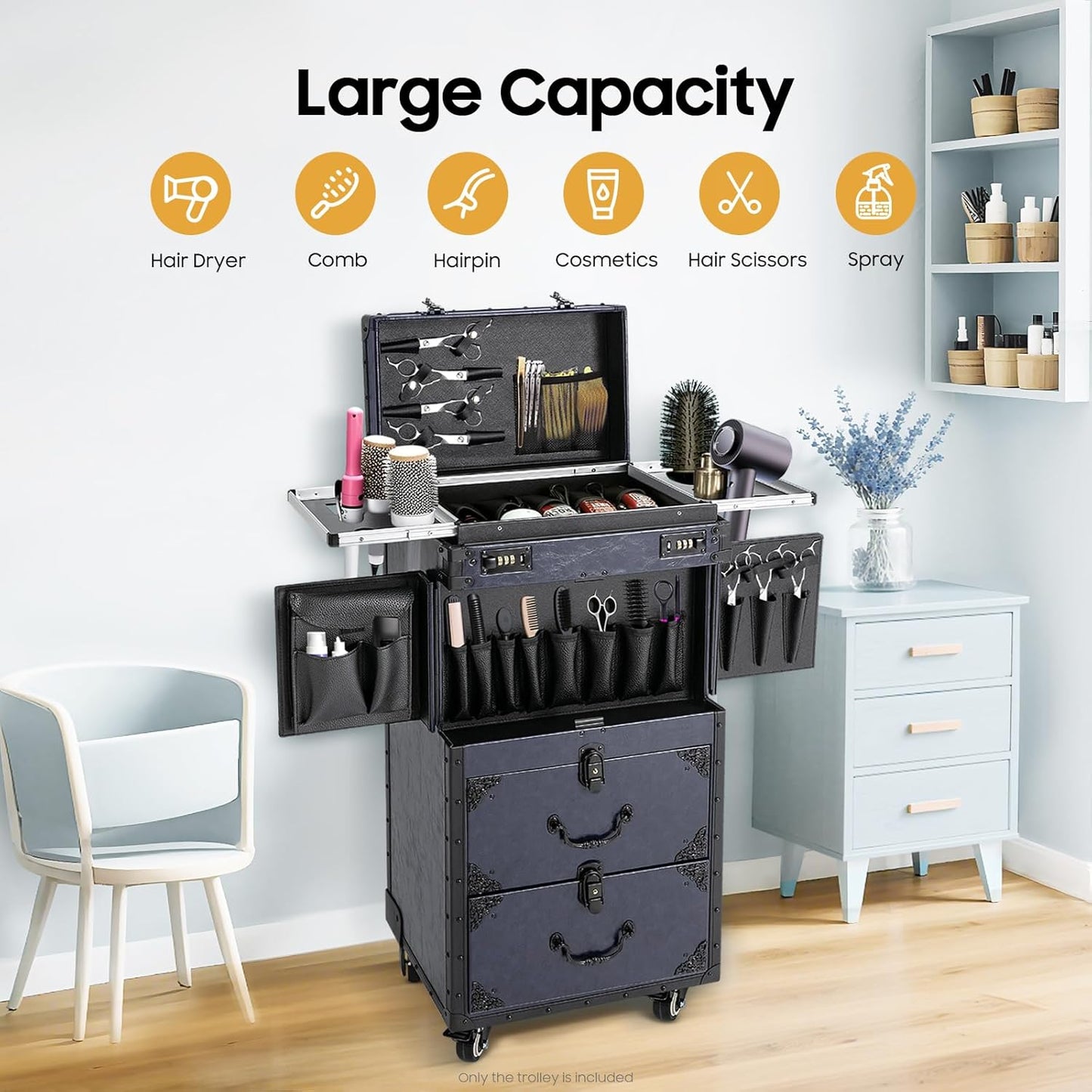 Hairdressing Tool Organiser,Large Capacity Hairdressing Case,Professional Salon Barber Case with Swivel Wheels for Nail Salon,Beauty Store(Blue)