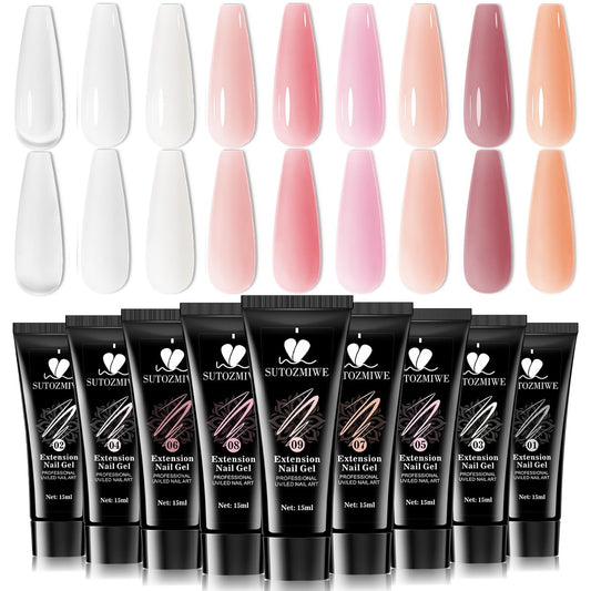 9 Colors Poly Extension Gel Nail Kit Clear Milky White Pink Nude Builder Gel for Nails Quick Dry Long Lasting Durable Polygel Nail Extension Kit for Starter Salon DIY Home Use