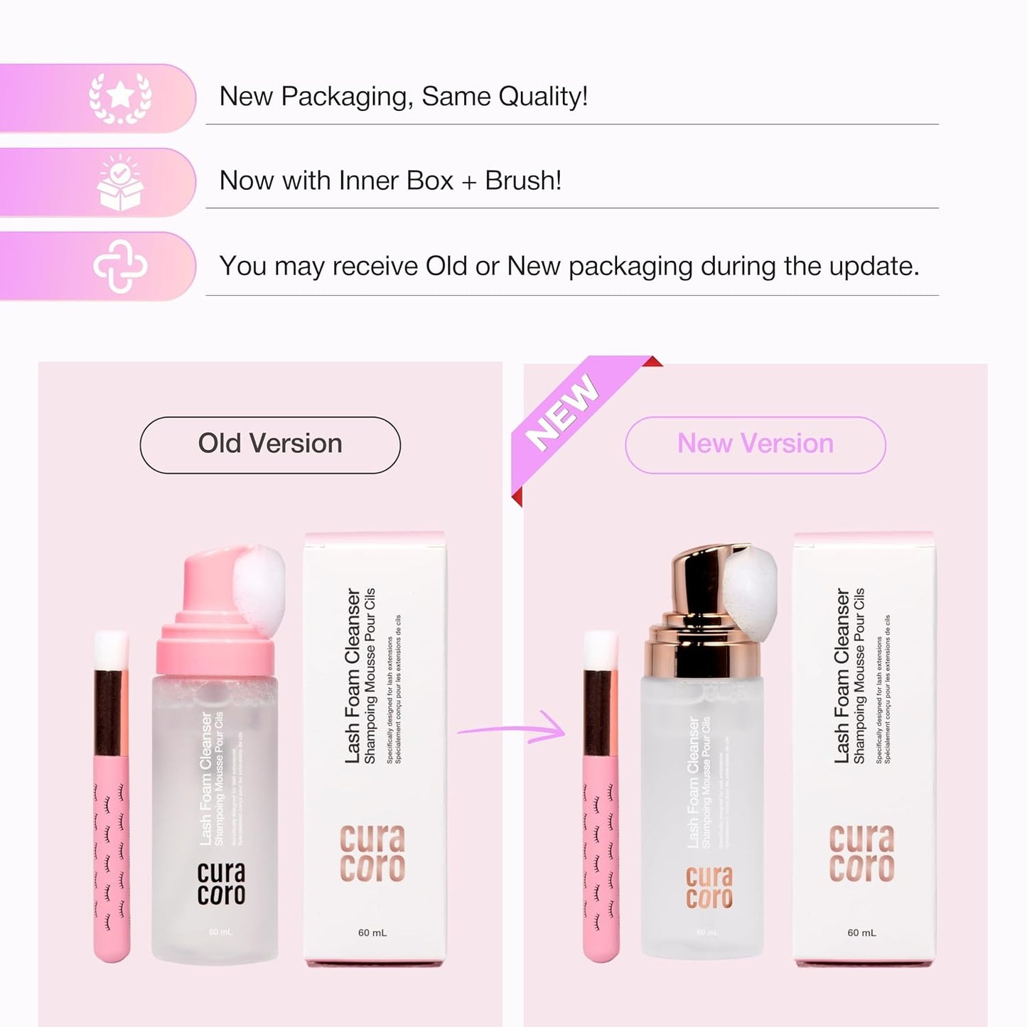 CURACORO 60ML Eyelash Extension Cleanser (Unscented) - Lash Shampoo for Lash Extensions, Eyelash Extension Foam Cleanser for Sensitive Skin, Removes Waterproof Makeup for Professional & Home Use