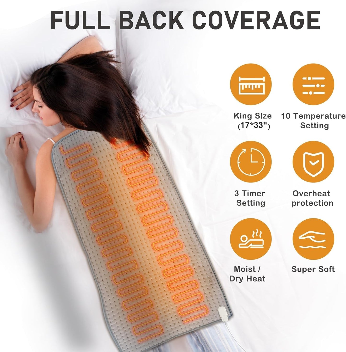 Eletric Heating Pad for Back Pain Relief & Period Cramps,16x30 Large Heating Pad for Back,Neck,Shoulder,Legs -10 Heat Settings & 3 Timer Options,Moist Heat Options, Gifts for Women Men