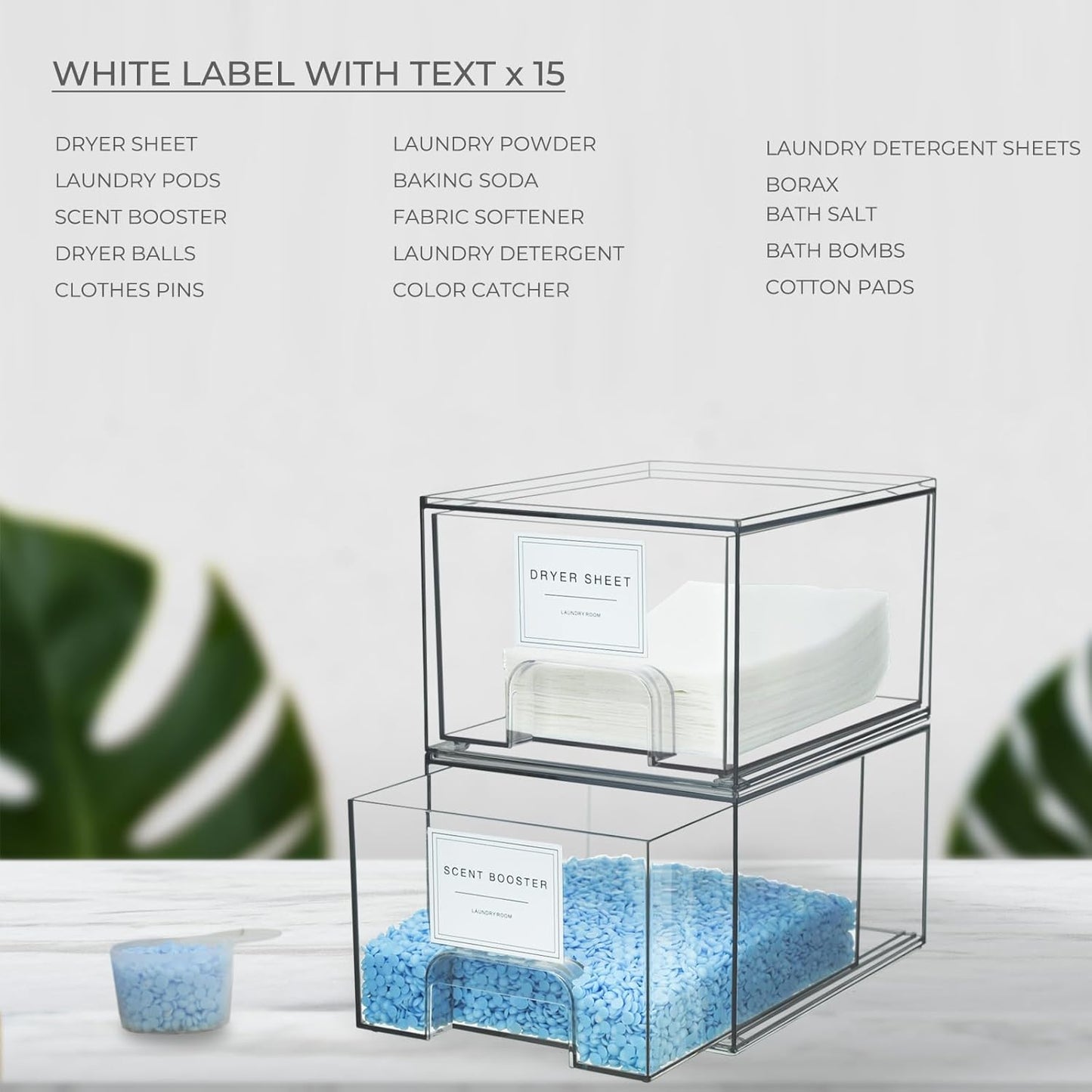 2 Pack Laundry Room Organization and Storage Containers with Labels, Stackable Clear Plastic Storage Drawers for Dryer Sheet Holder, Laundry Pods Container, Laundry Room Decor for Organizing