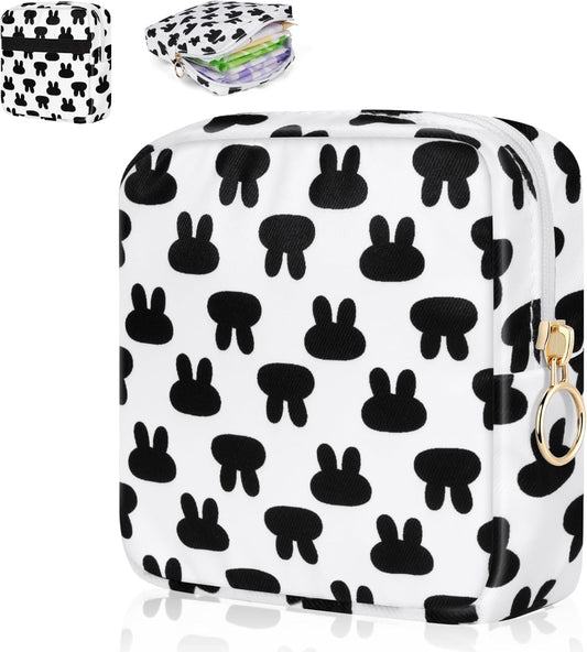 Desing Wish Period Bag Pouch Soft Cloth Sanitary Napkin Storage Bag Portable Menstrual Pad Pouches Tampon Holder for Purse First Period Kit for Girls 9-12 (Black Rabbit)