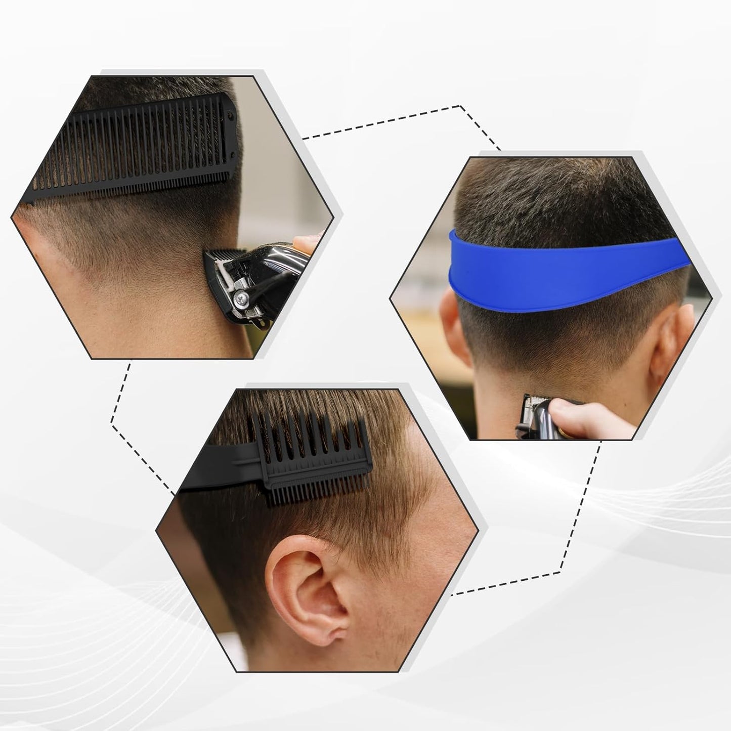 Fade Comb for Men Haircut,4PCS Fade Guide for Men Haircut Kit with Silicone Haircut Band,Barber Comb and Hairdressing Sweeping Brush,Self Hair Cutting Tool for Home DIY(Black)